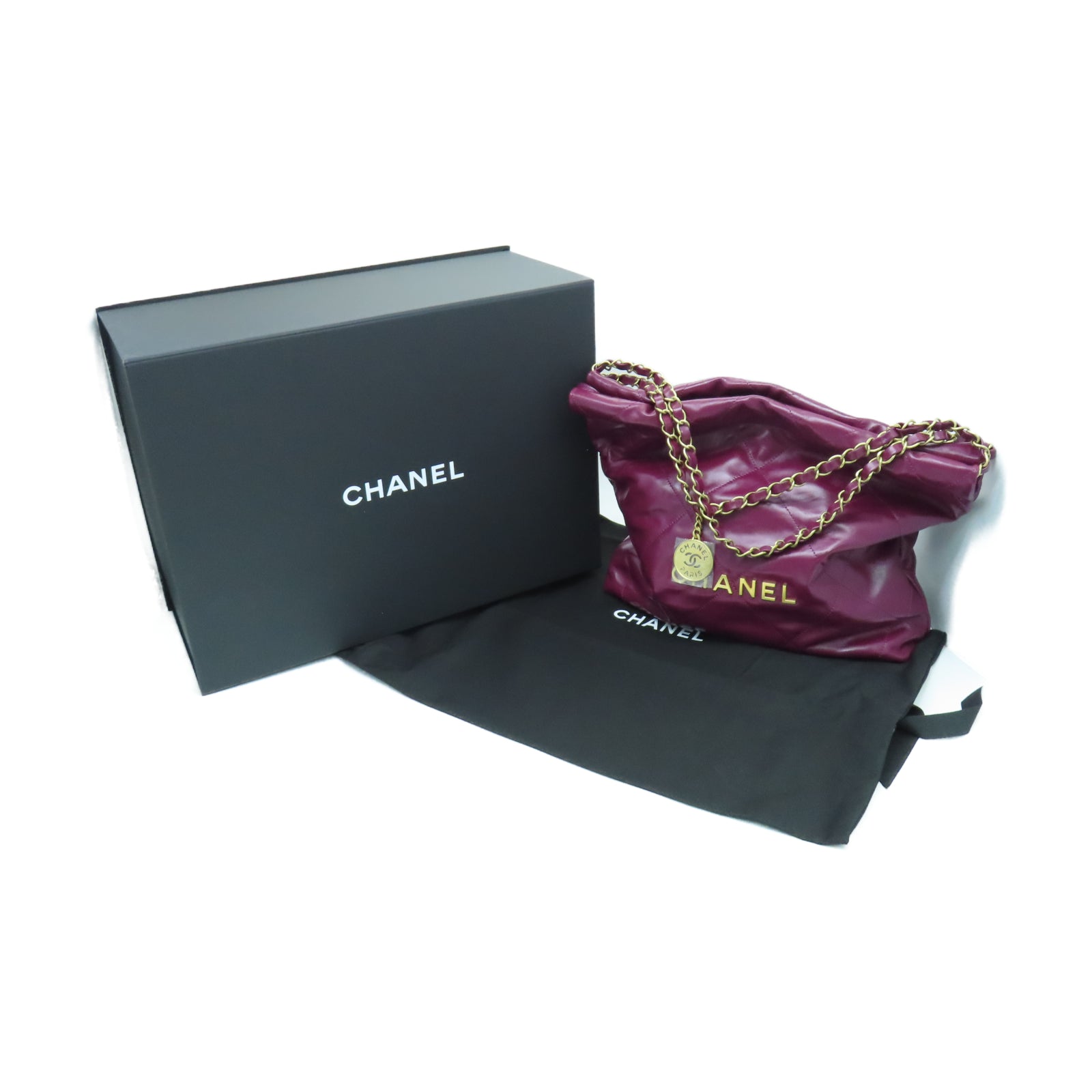 CHANEL 菱格羊皮皮革Chain Shoulder金扣链带肩背袋酒红色