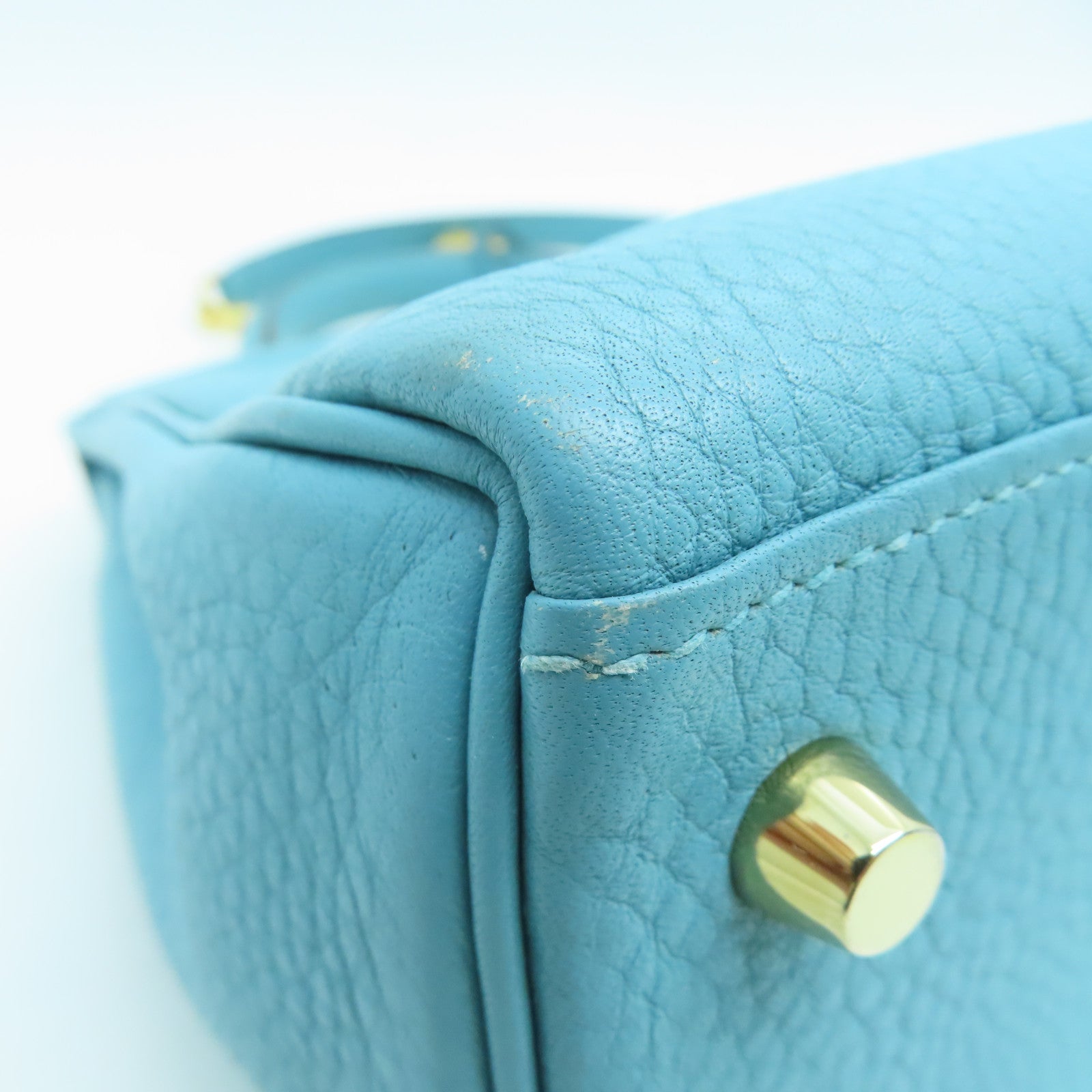 HERMES Clemence Leather Kelly 28 Gold Buckle Handle Shoulder Bag Light Blue