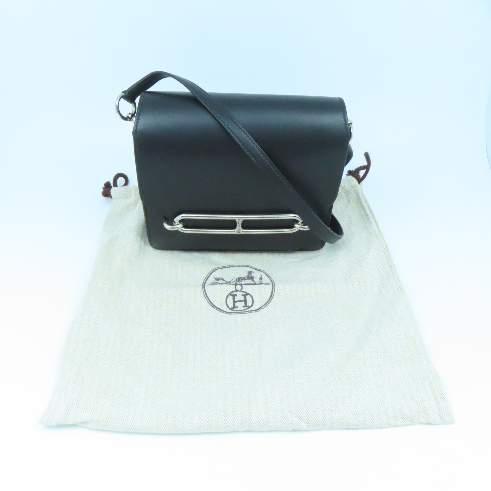 HERMES Swift Leather Mini Roulis Silver Buckle Shoulder Bag Black