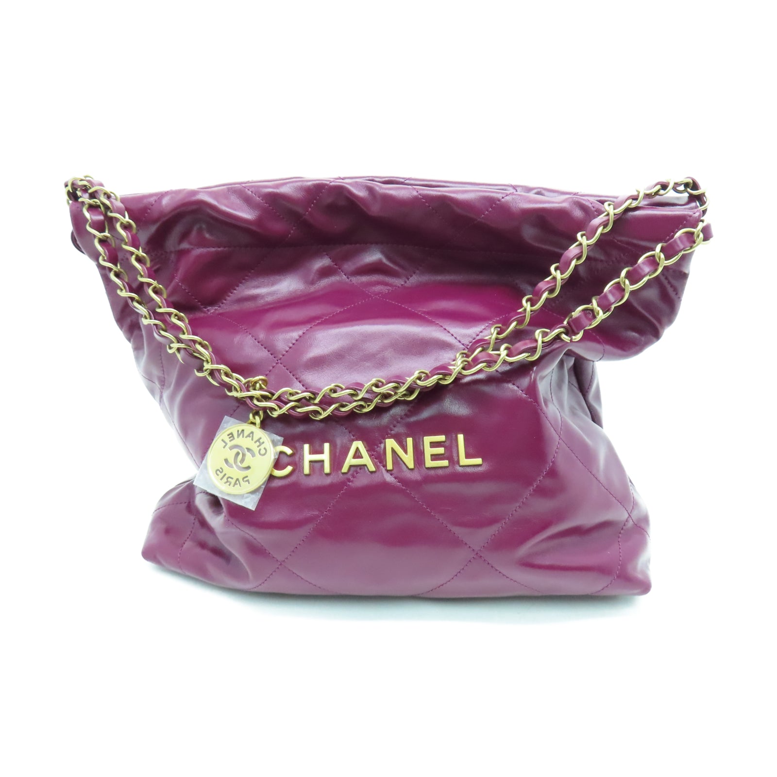 CHANEL 菱格羊皮皮革Chain Shoulder金扣链带肩背袋酒红色