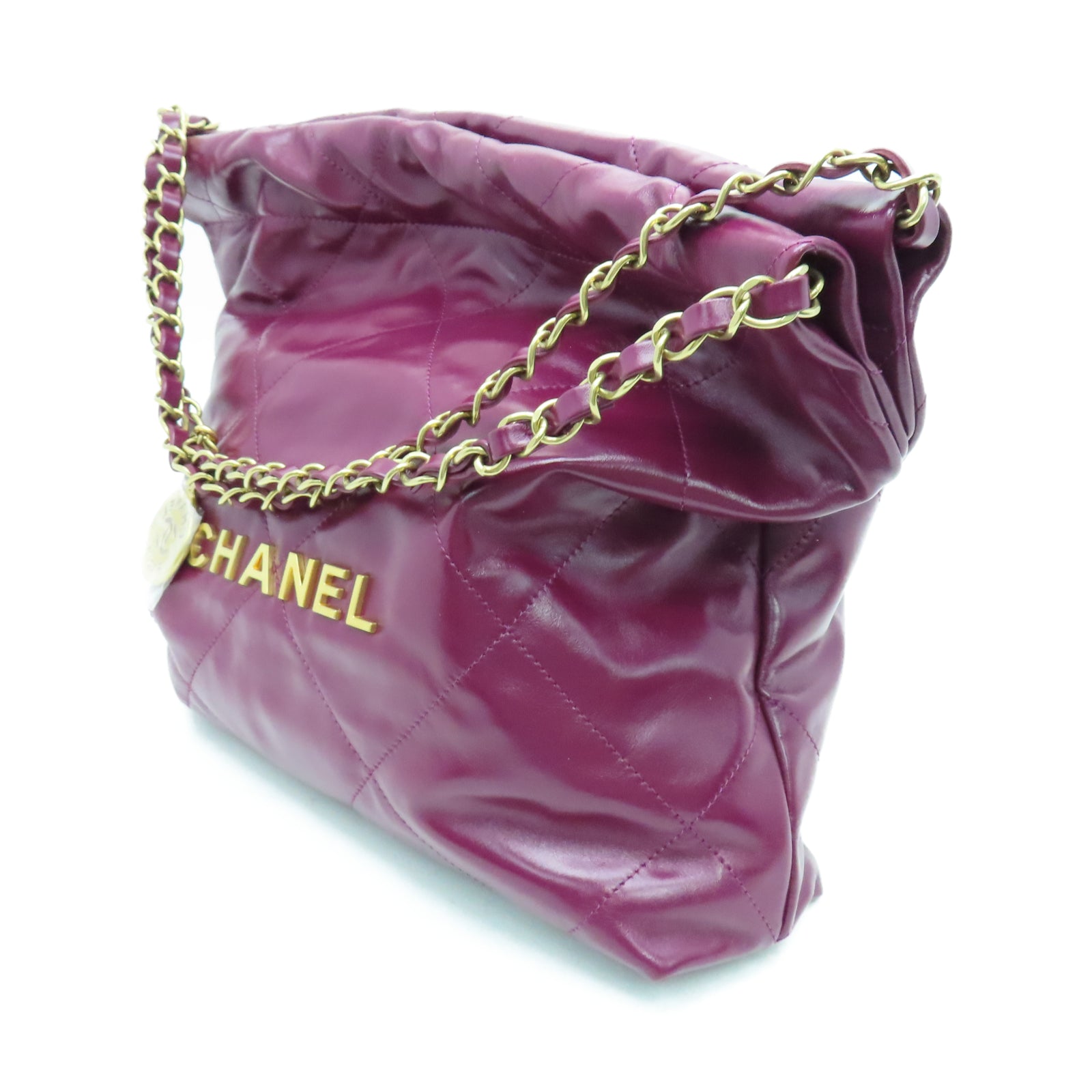 CHANEL 菱格羊皮皮革Chain Shoulder金扣链带肩背袋酒红色