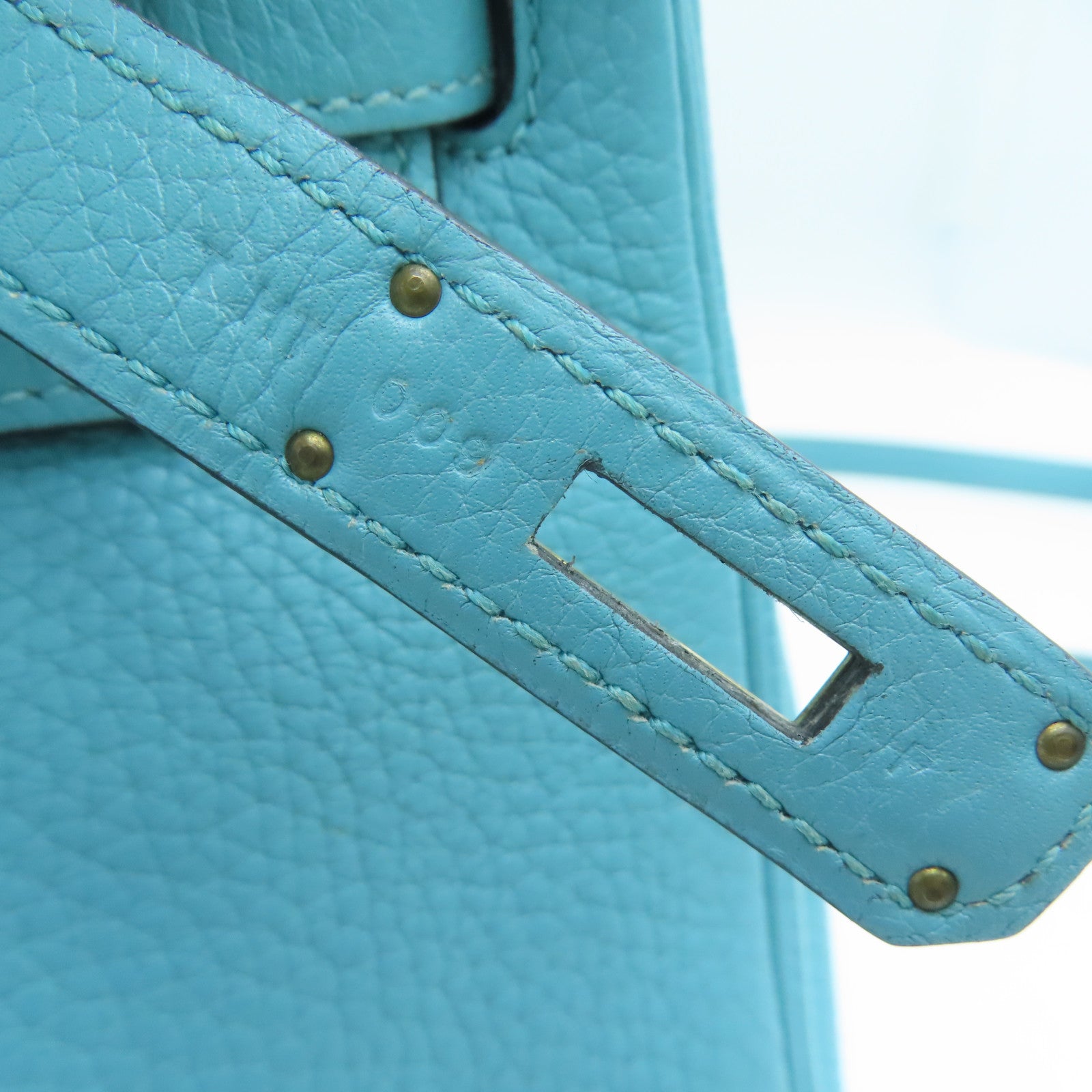 HERMES Clemence Leather Kelly 28 Gold Buckle Handle Shoulder Bag Light Blue