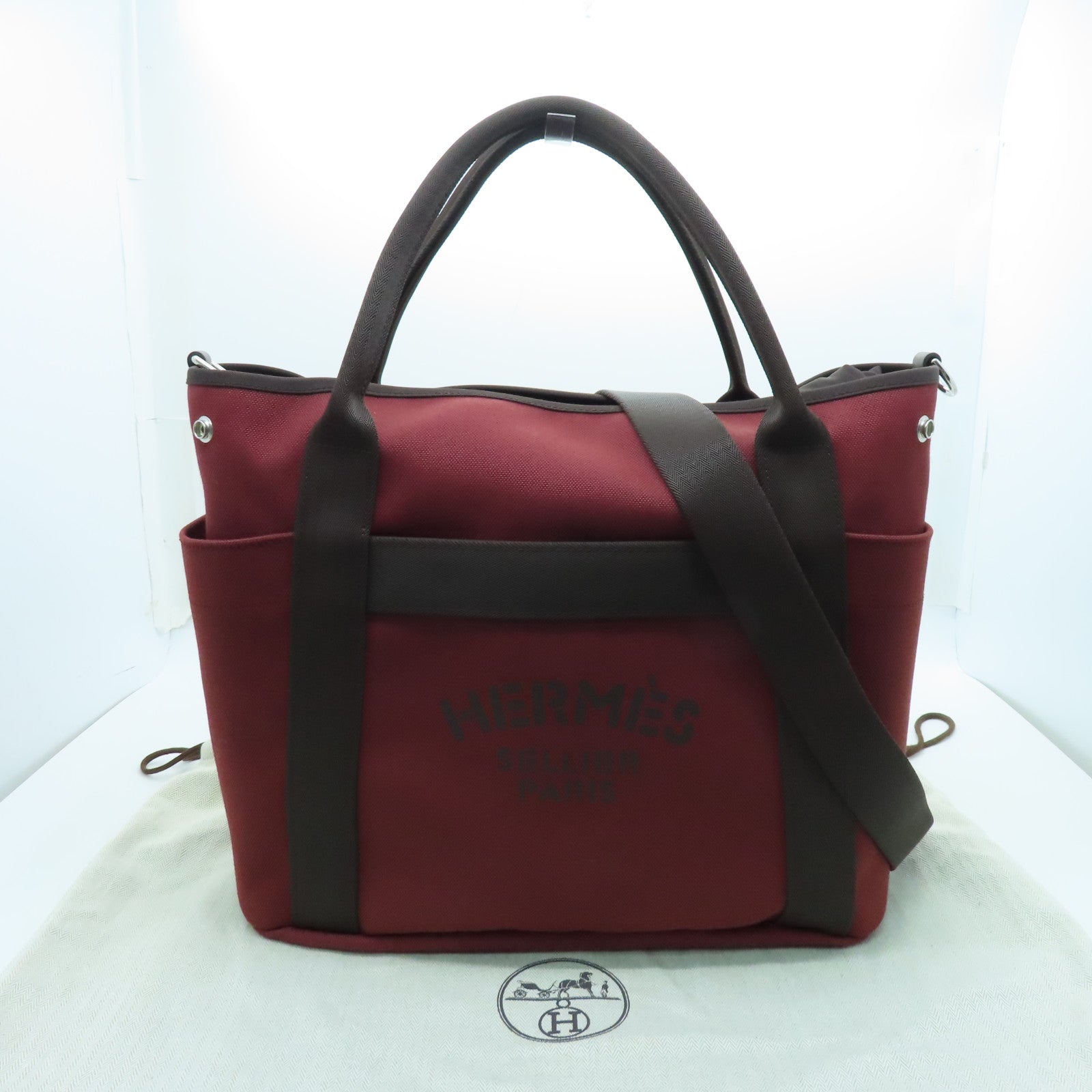 HERMES Canvas The Grooming Bag Silver Buckle Handle Shoulder Backpack Rough H/Chocolate