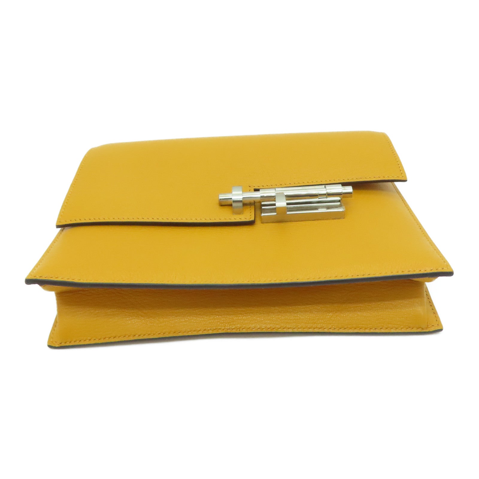 HERMES [Sharp Discount] Mysore Leather Verrou Clutch Silver Buckle Clutch Yellow/Moutarde