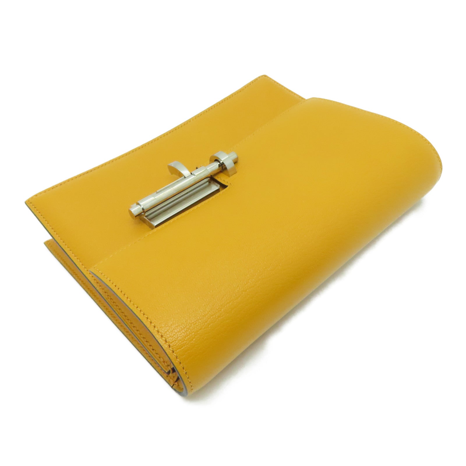 HERMES [Sharp Discount] Mysore Leather Verrou Clutch Silver Buckle Clutch Yellow/Moutarde