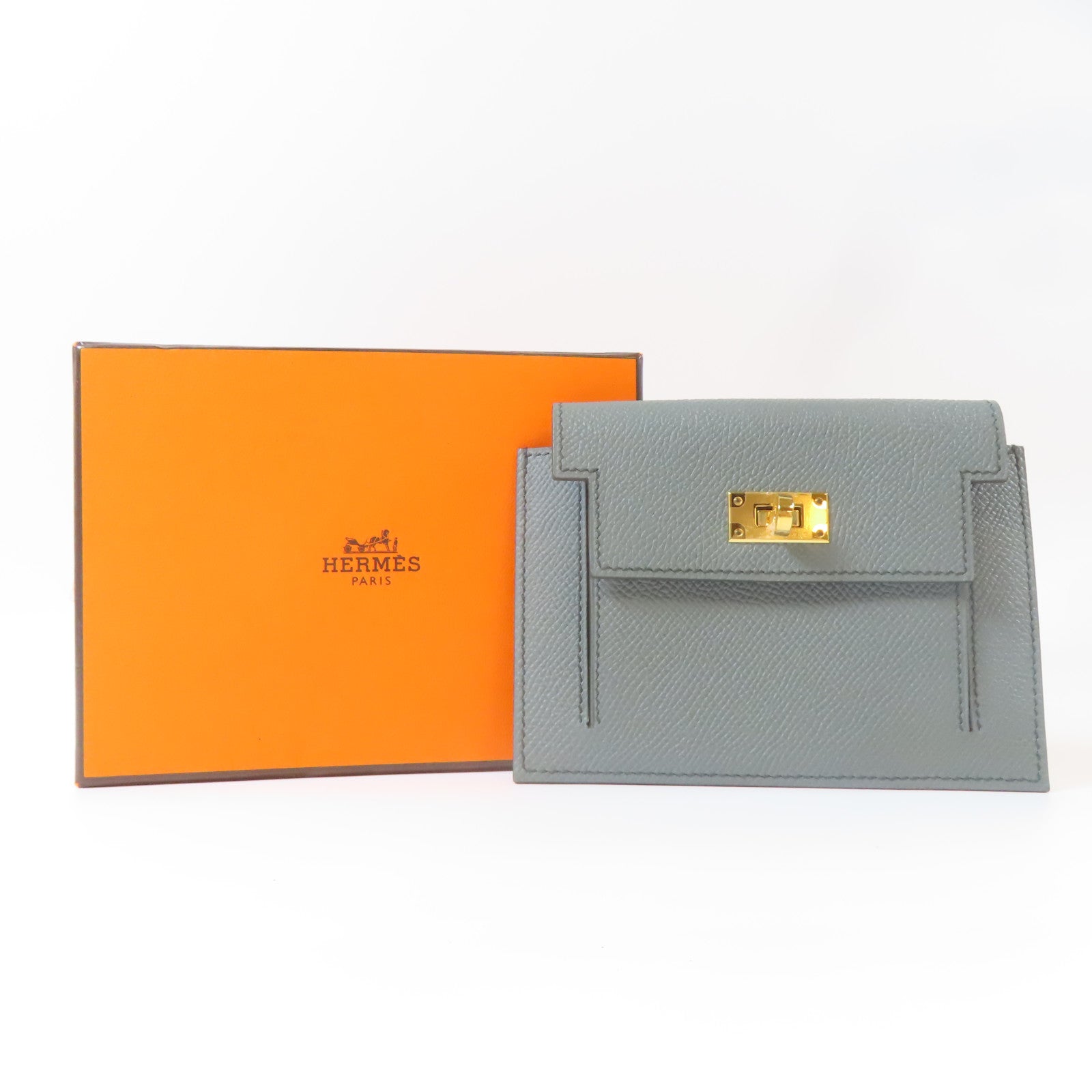 HERMES Veau Epsom皮革Kelly Pocket Compact金扣錢包灰色