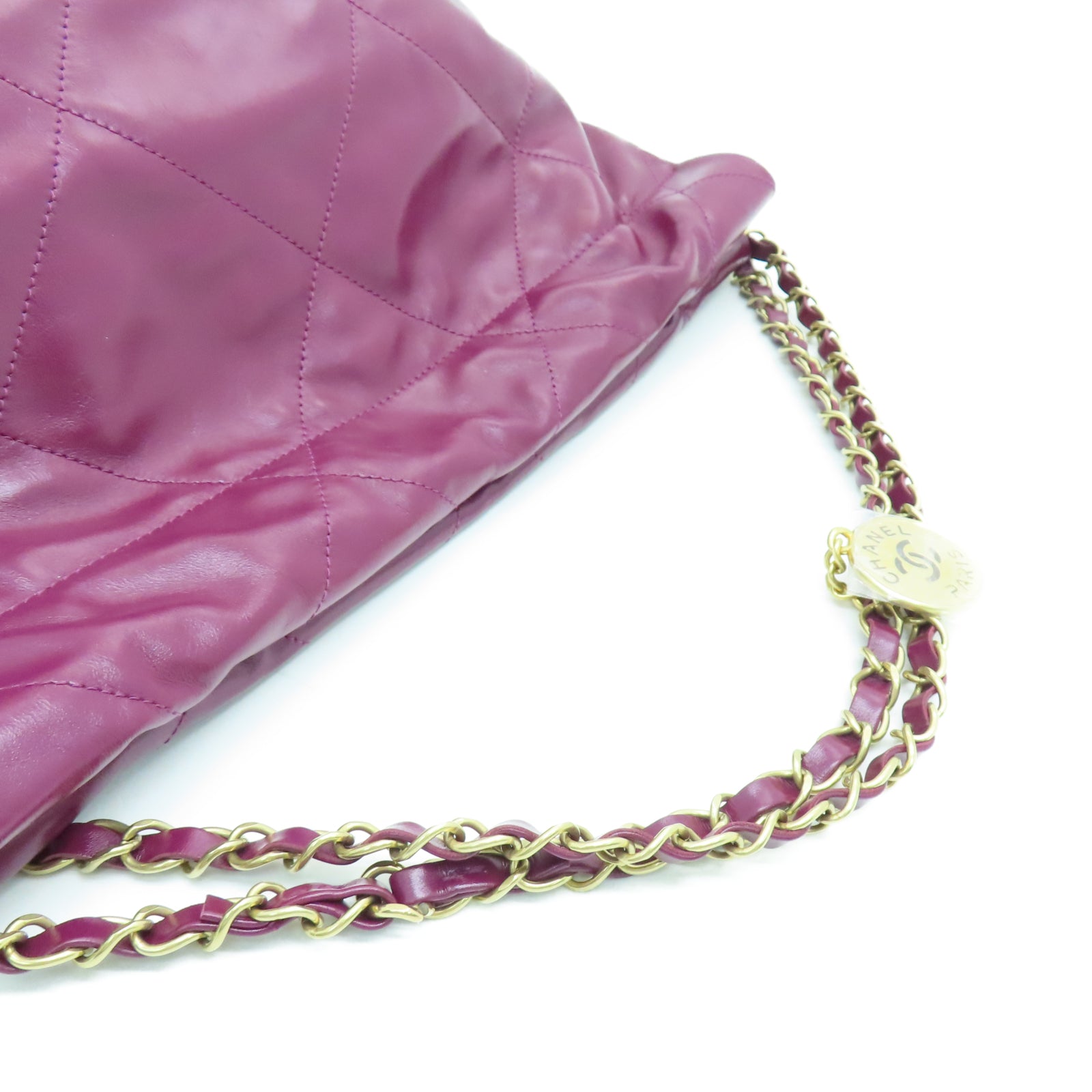CHANEL 菱格羊皮皮革Chain Shoulder金扣链带肩背袋酒红色