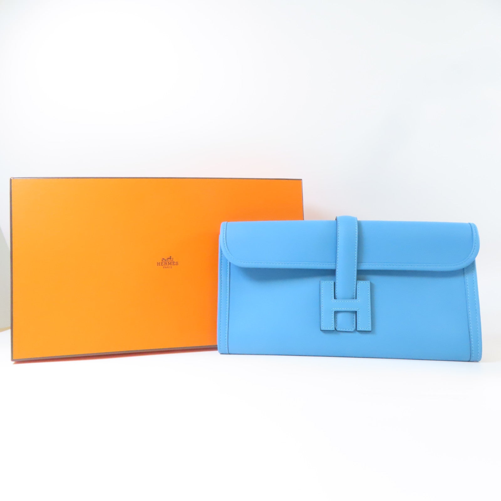 HERMES Veau Swift皮革Jije Elan手拿包北方藍色Bleu Du Nord