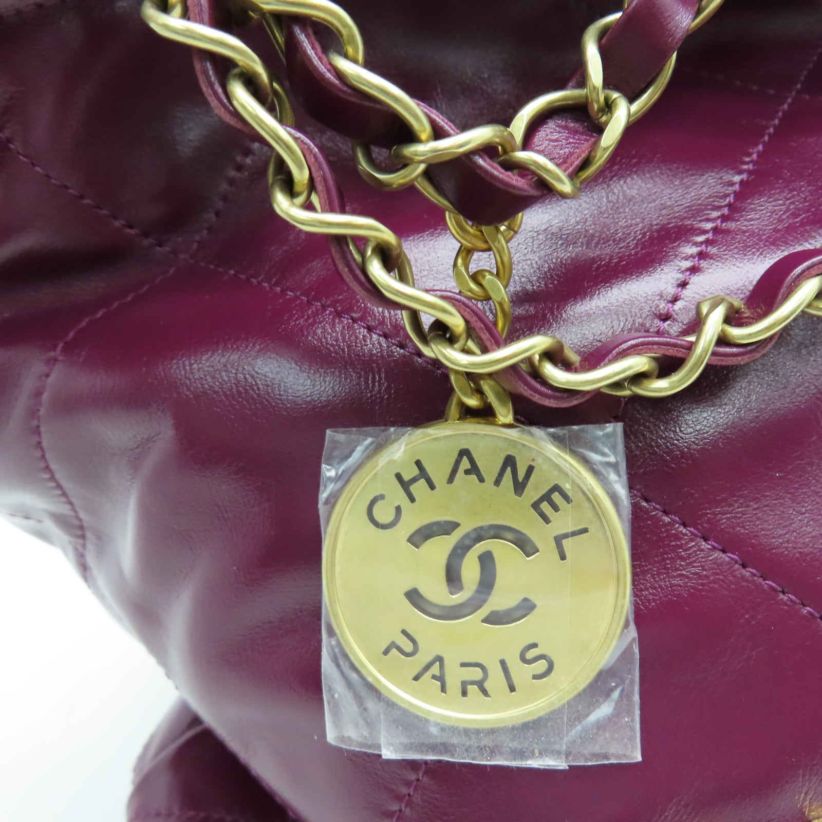 CHANEL 菱格羊皮皮革Chain Shoulder金扣链带肩背袋酒红色