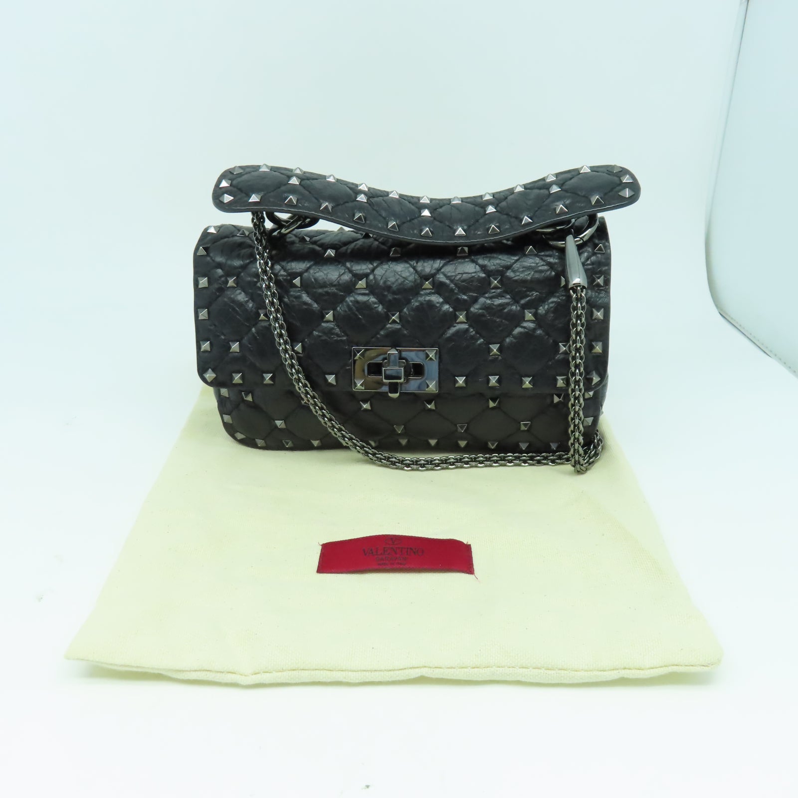 Valentino 牛皮皮革Shoulder Bag銀扣鏈帶肩背袋黑色
