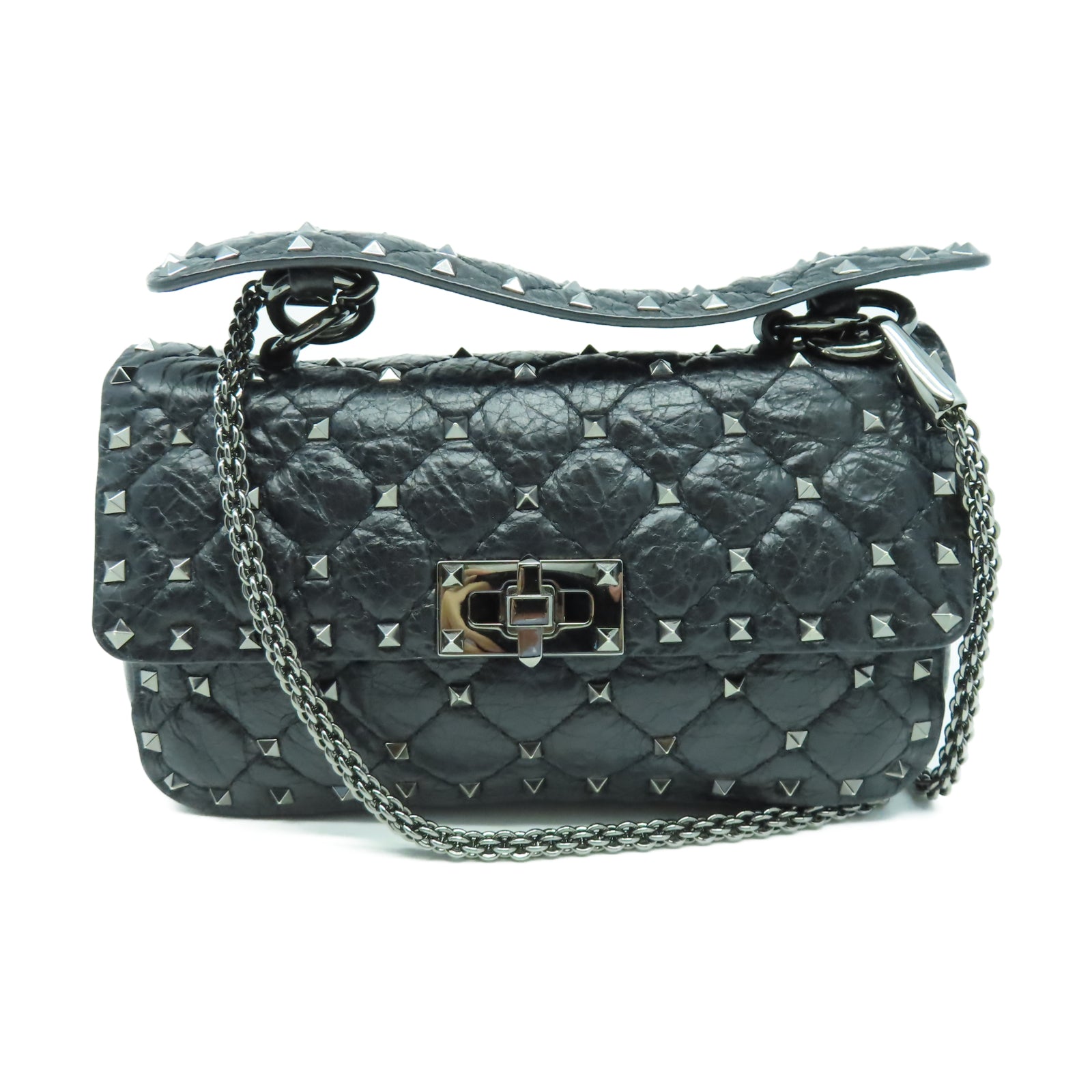 Valentino 牛皮皮革Shoulder Bag銀扣鏈帶肩背袋黑色