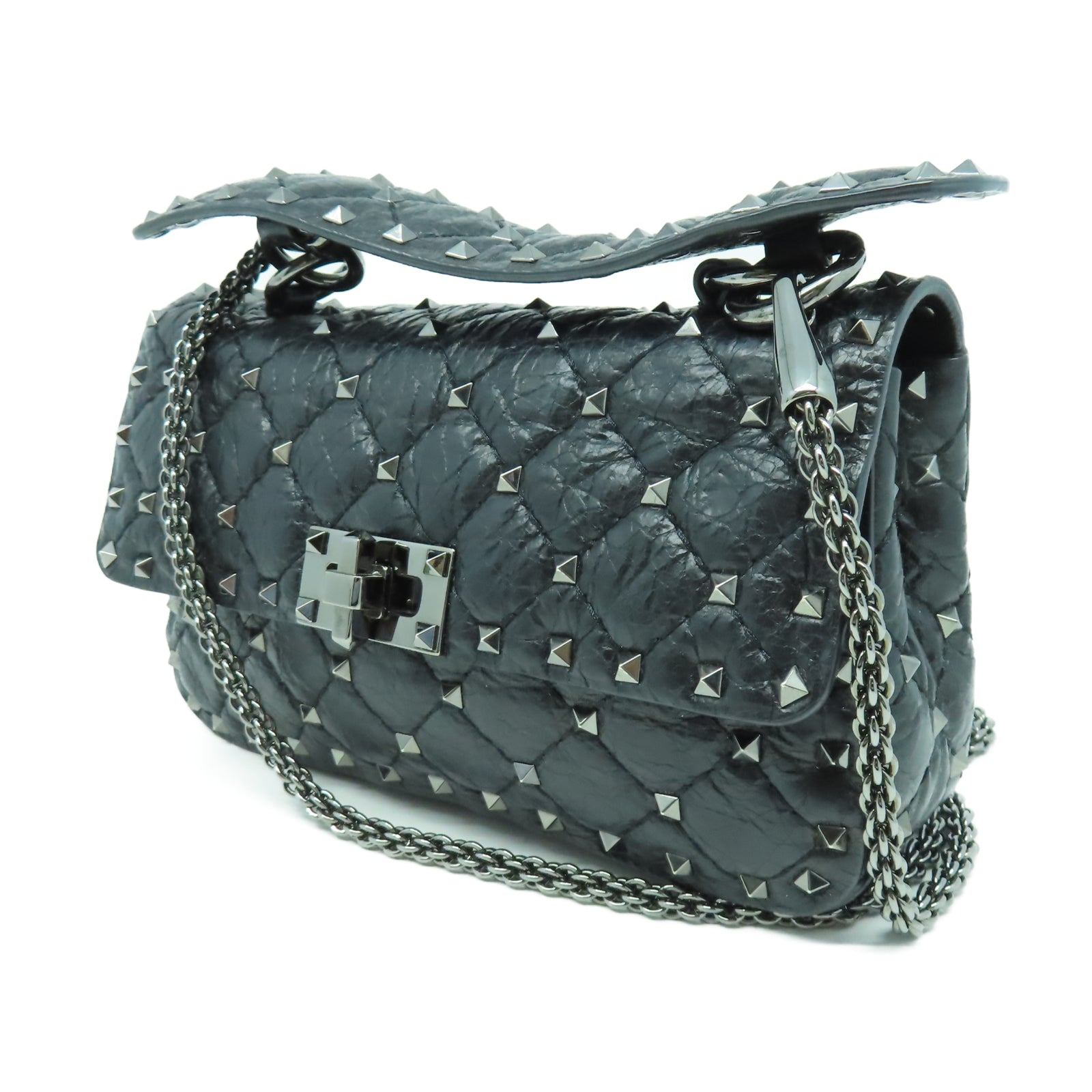 Valentino 牛皮皮革Shoulder Bag銀扣鏈帶肩背袋黑色