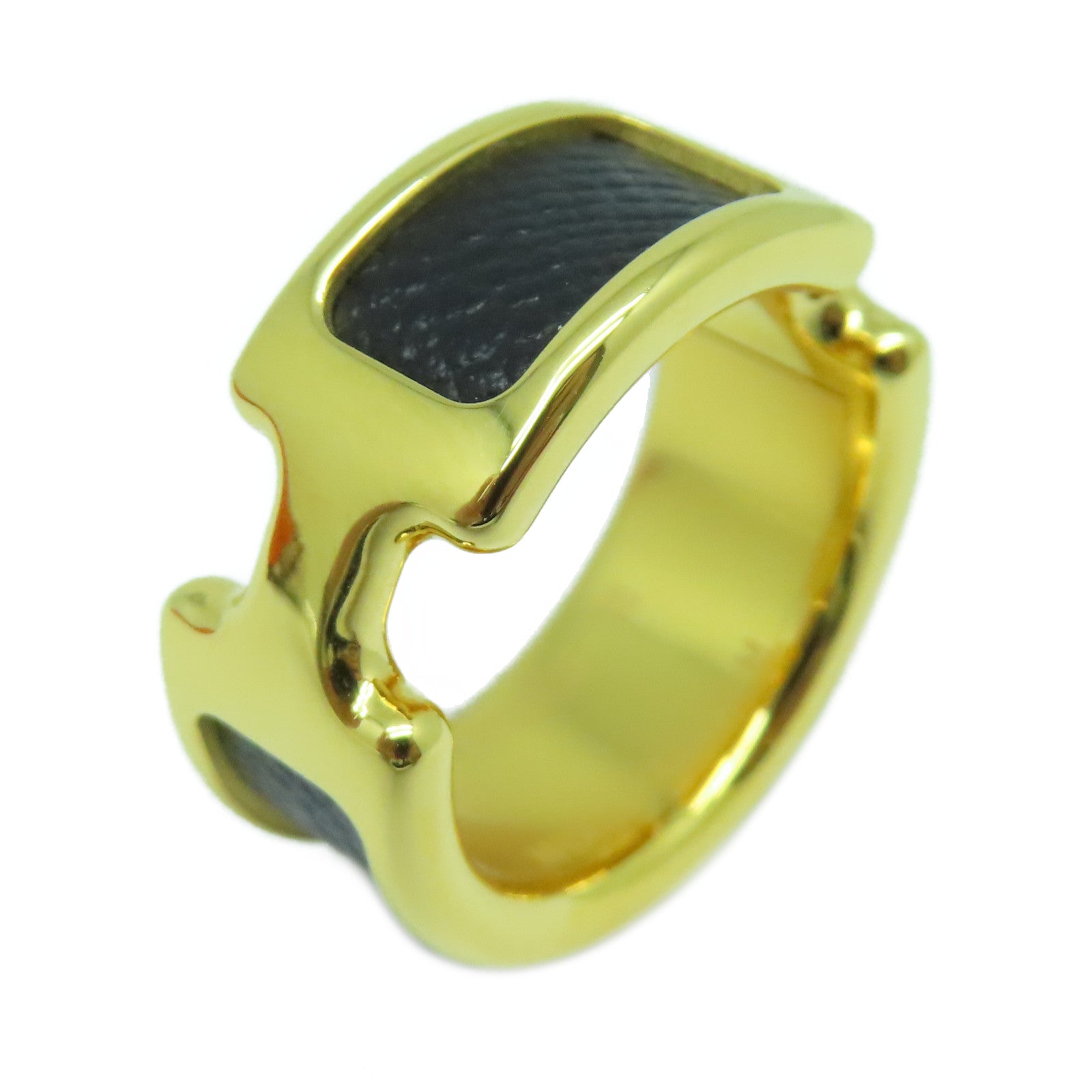 HERMES Madame皮革/金屬Olympe Ring戒指黑色/金色US#6.5