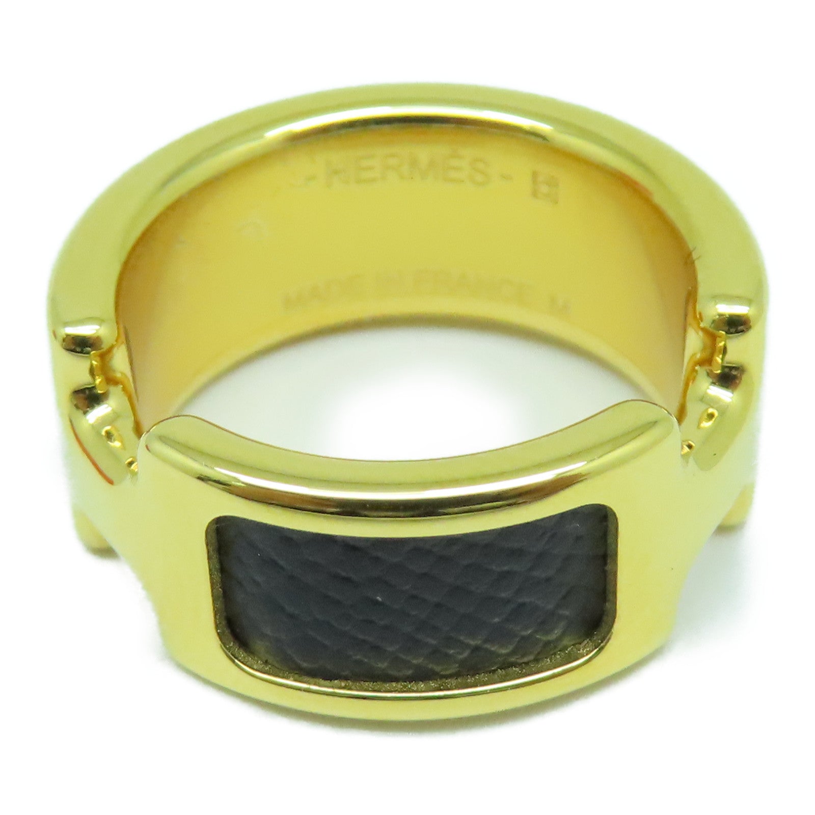HERMES Madame皮革/金屬Olympe Ring戒指黑色/金色US#6.5