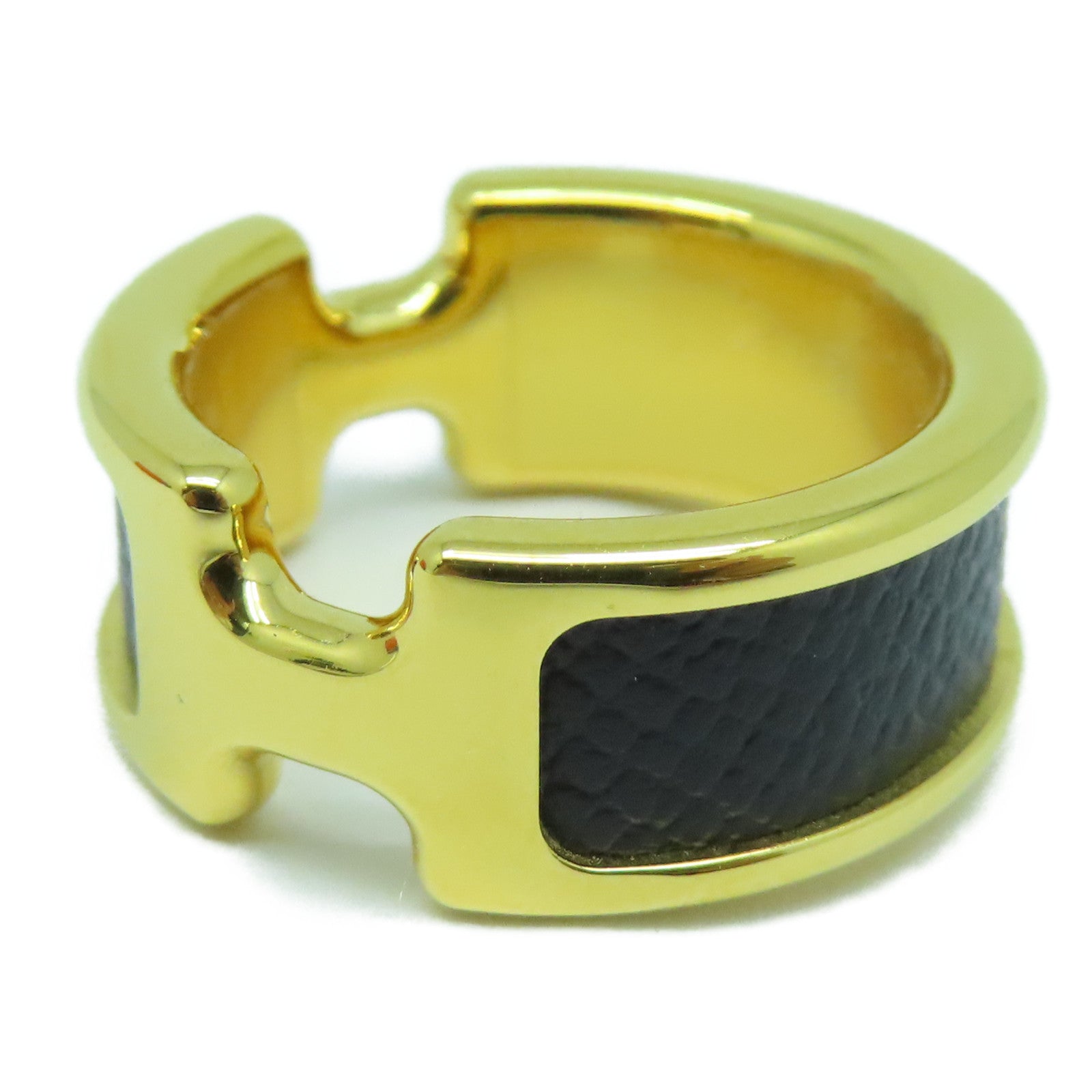 HERMES Madame皮革/金屬Olympe Ring戒指黑色/金色US#6.5