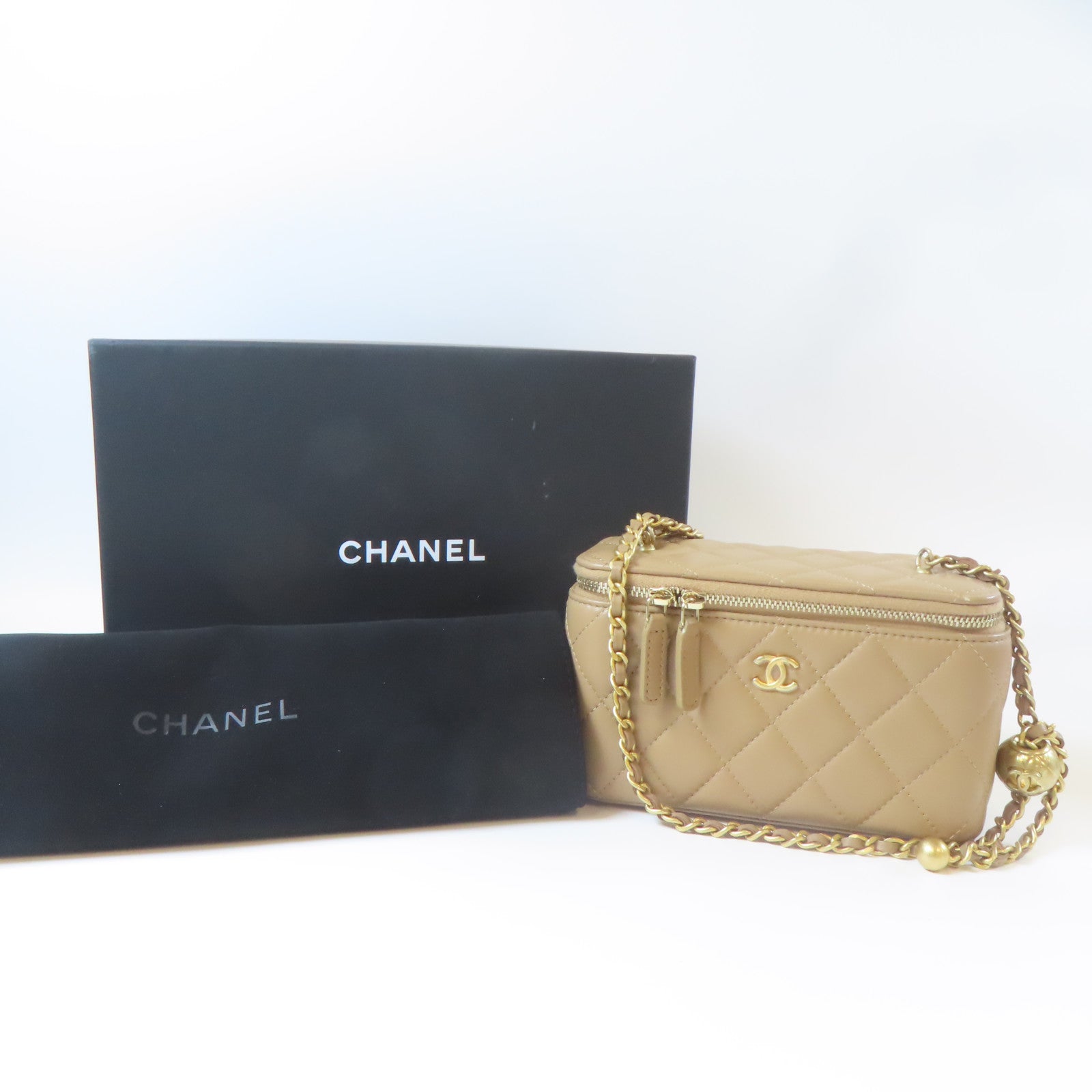 CHANEL 菱格羊皮皮革Gold Ball Small Vanity Case金扣鏈帶肩背袋褐色