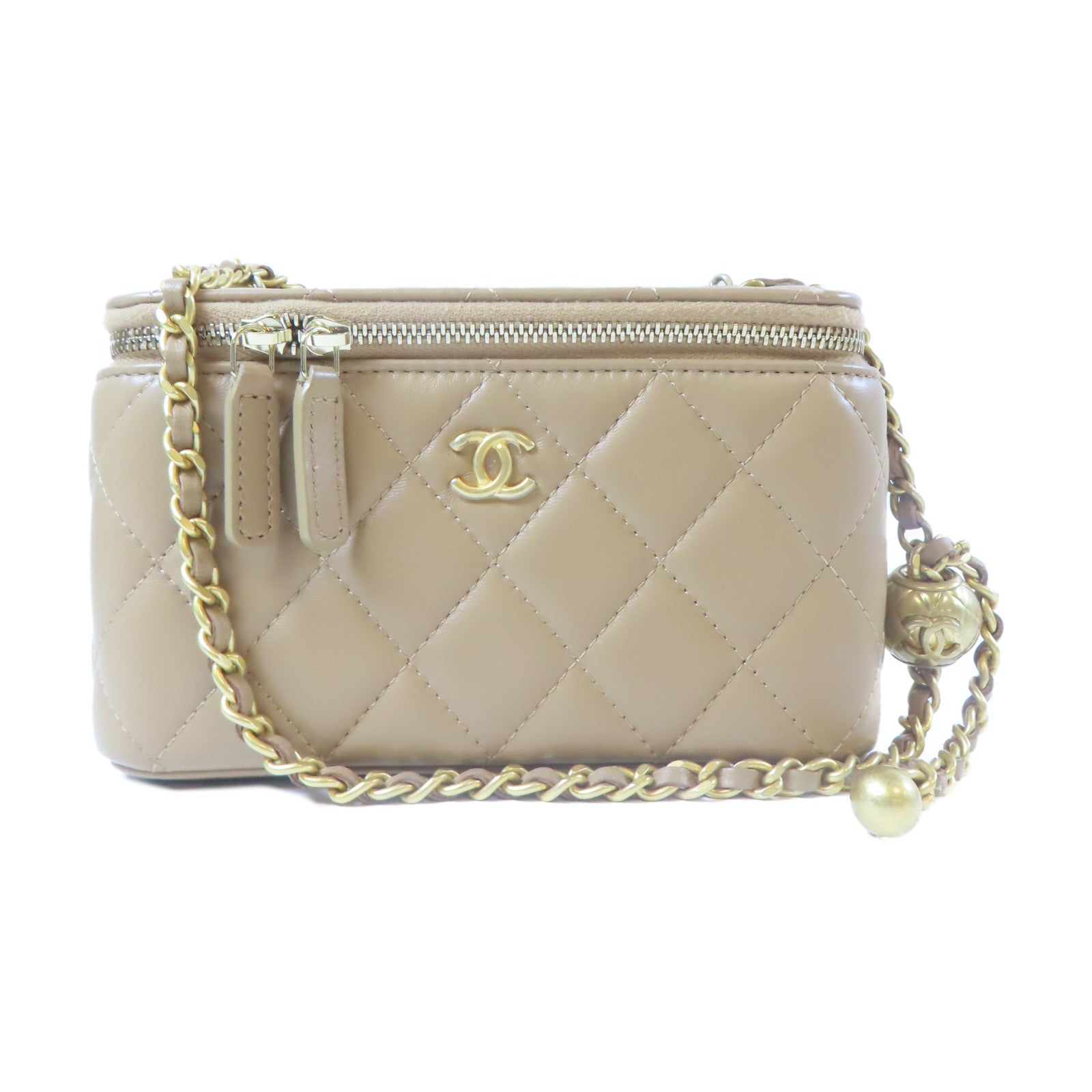 CHANEL 菱格羊皮皮革Gold Ball Small Vanity Case金扣鏈帶肩背袋褐色