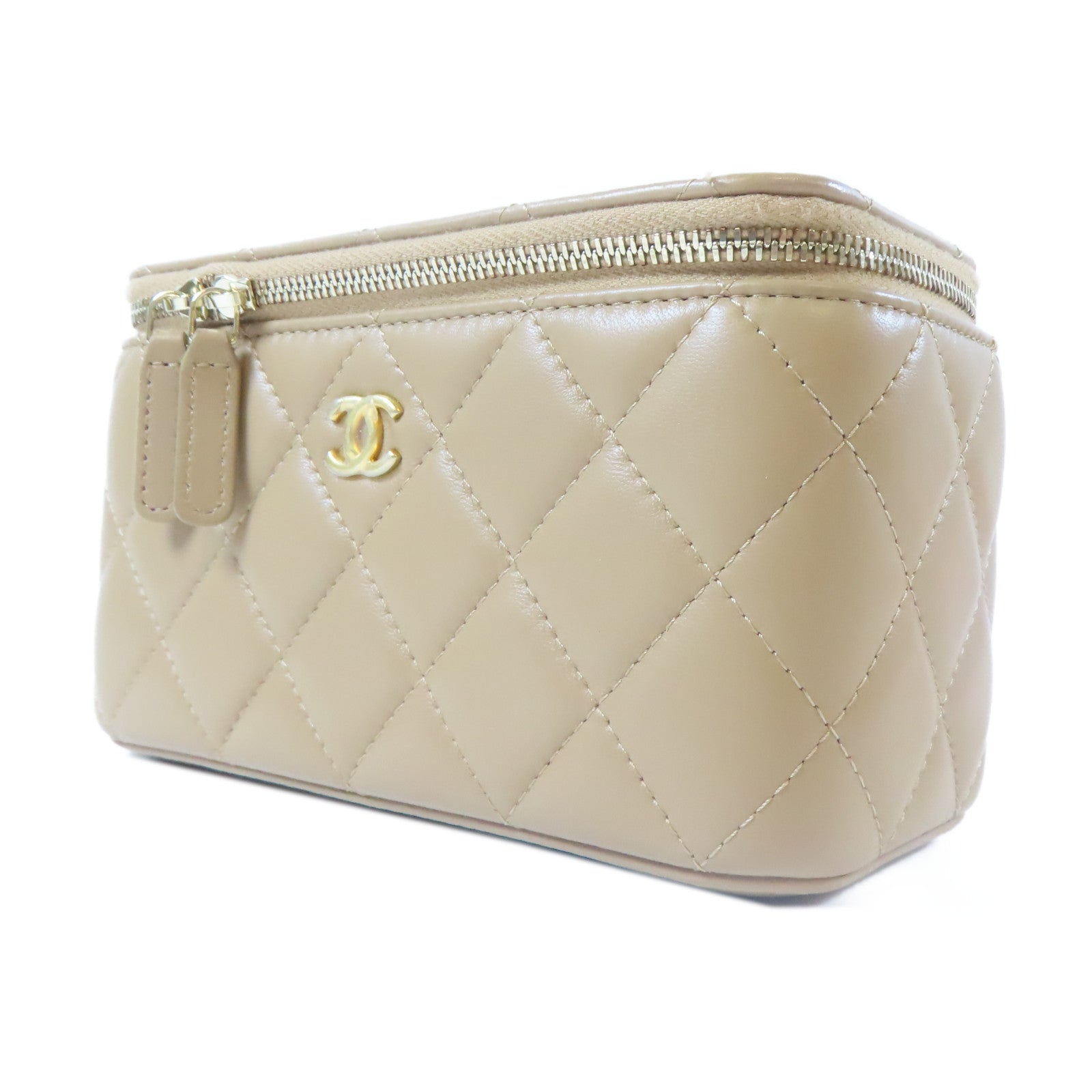 CHANEL 菱格羊皮皮革Gold Ball Small Vanity Case金扣鏈帶肩背袋褐色