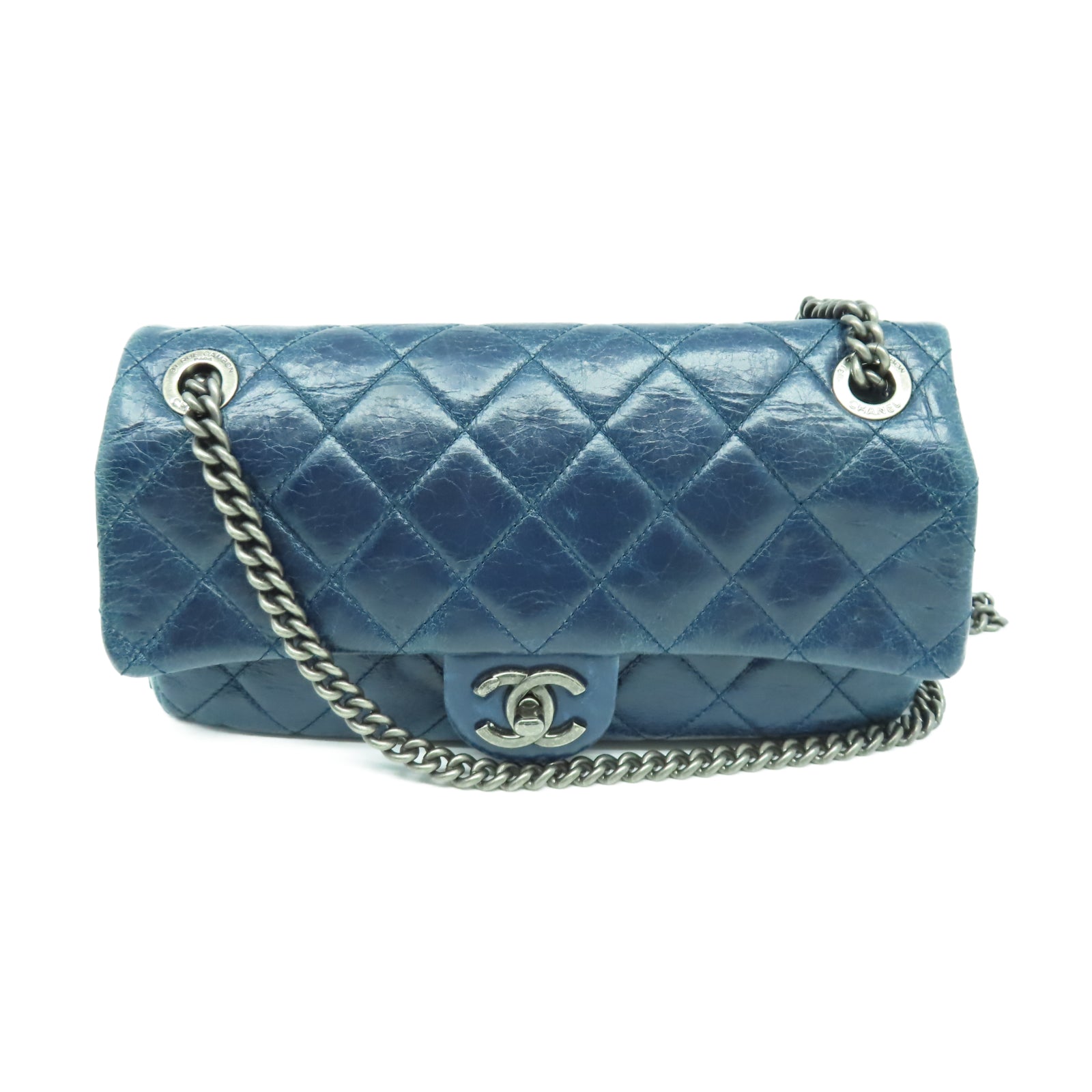 CHANEL 菱格牛皮皮革Chain Shoulder銀扣鏈帶肩背袋藍色