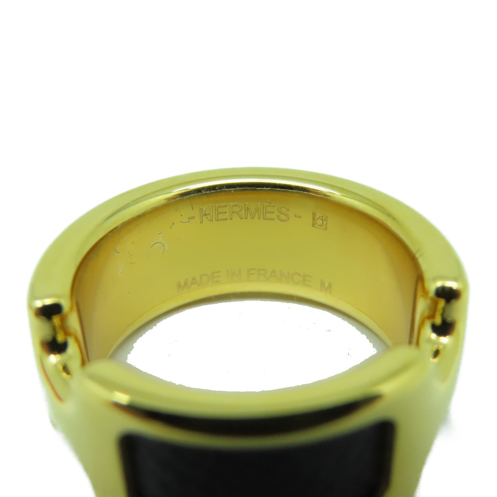 HERMES Madame皮革/金屬Olympe Ring戒指黑色/金色US#6.5
