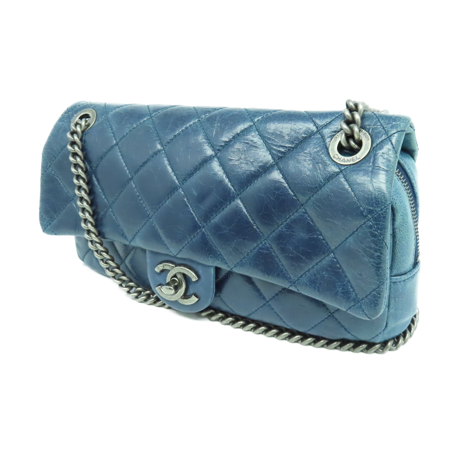 CHANEL 菱格牛皮皮革Chain Shoulder銀扣鏈帶肩背袋藍色