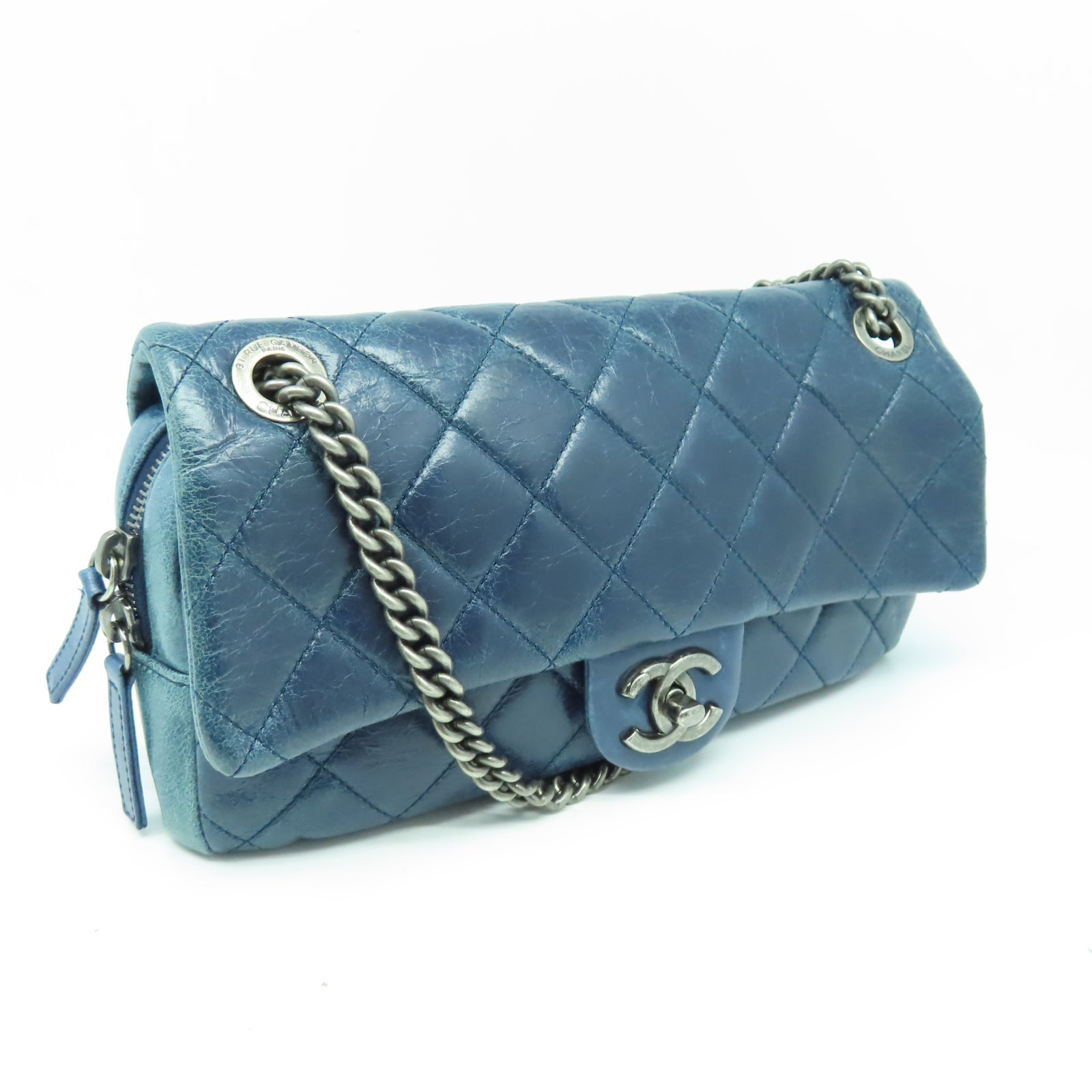 CHANEL 菱格牛皮皮革Chain Shoulder銀扣鏈帶肩背袋藍色