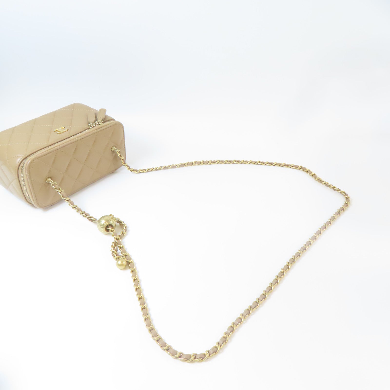 CHANEL 菱格羊皮皮革Gold Ball Small Vanity Case金扣鏈帶肩背袋褐色