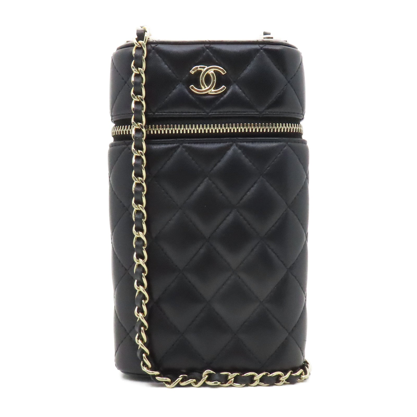 CHANEL 菱格羊皮皮革Chain Shoulder金扣鏈帶肩背袋黑色