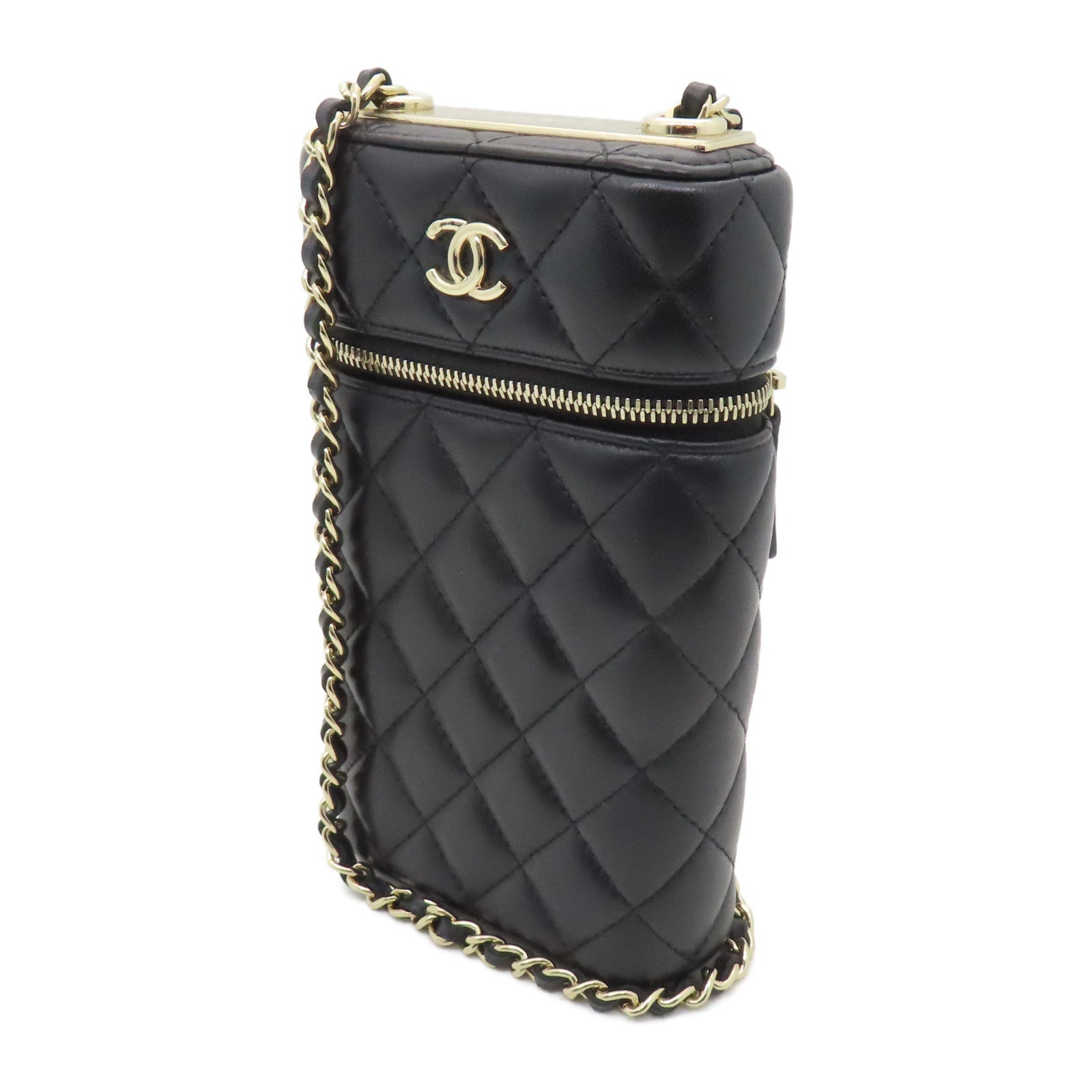 CHANEL 菱格羊皮皮革Chain Shoulder金扣鏈帶肩背袋黑色