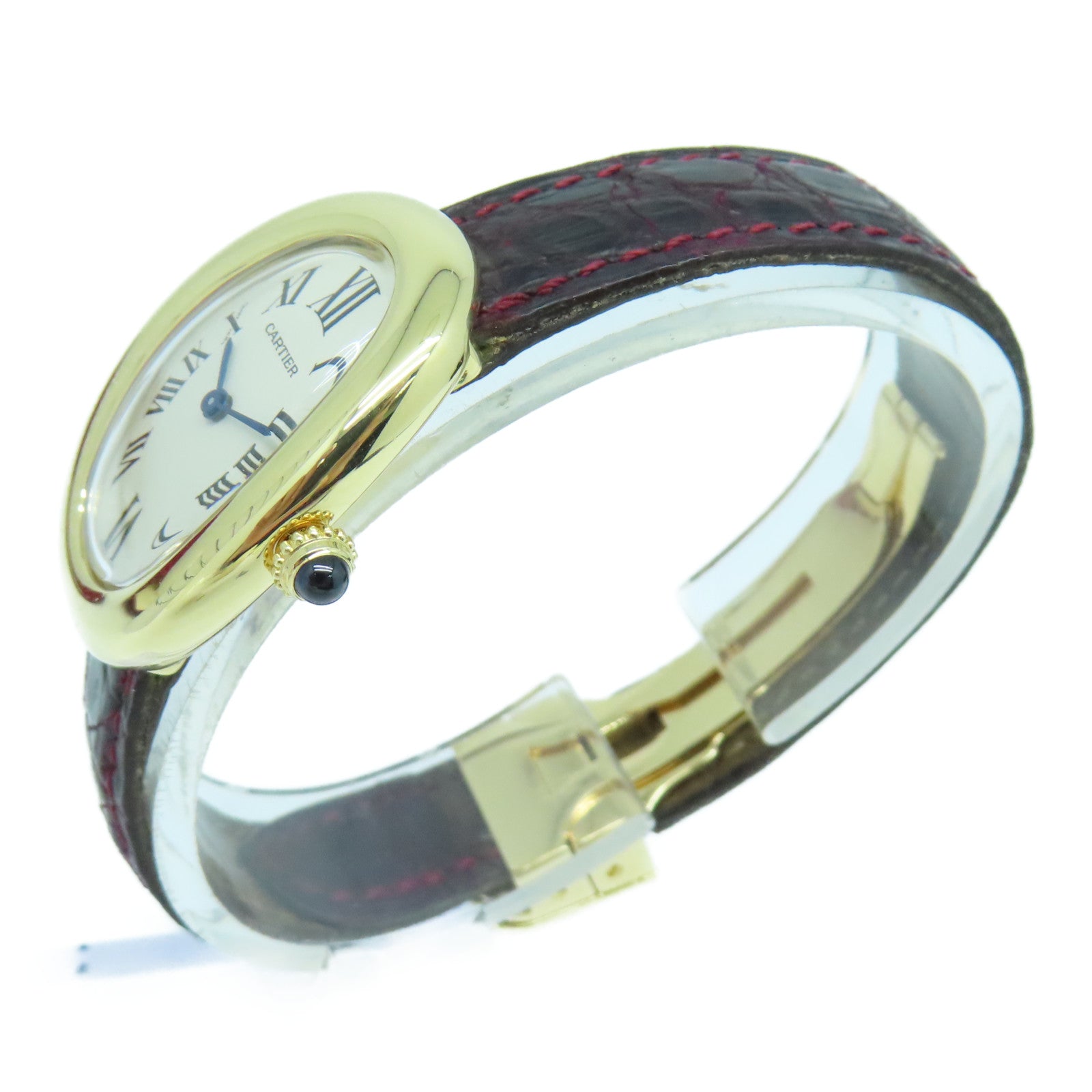 CARTIER Baignoire Watch鱷魚皮革帶/18K黃金手錶石英機芯白色
