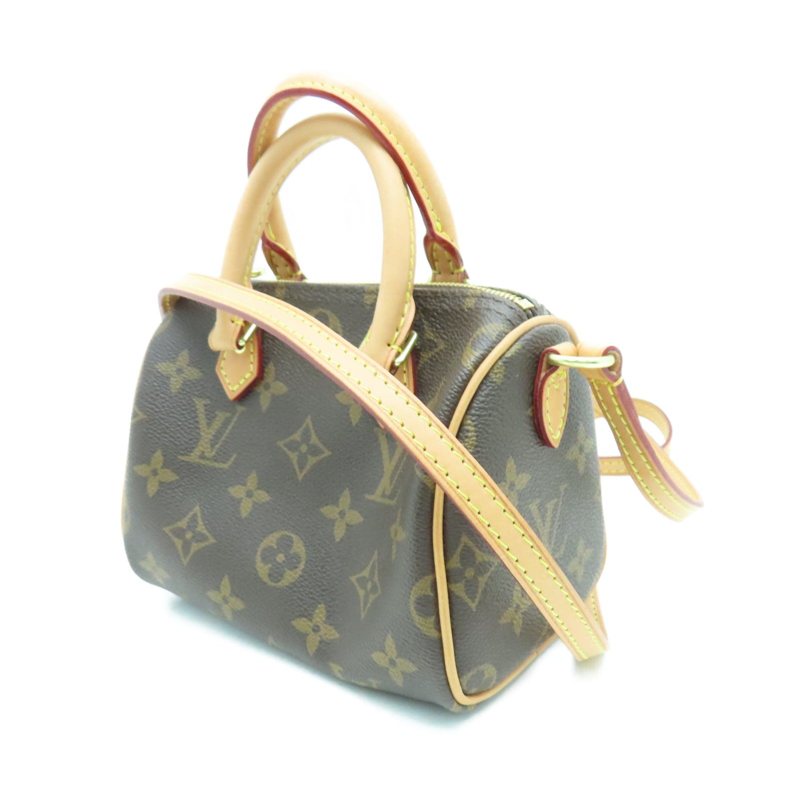 LOUIS VUITTON Monogram Nano Speedy金扣手挽肩背两用袋棕色