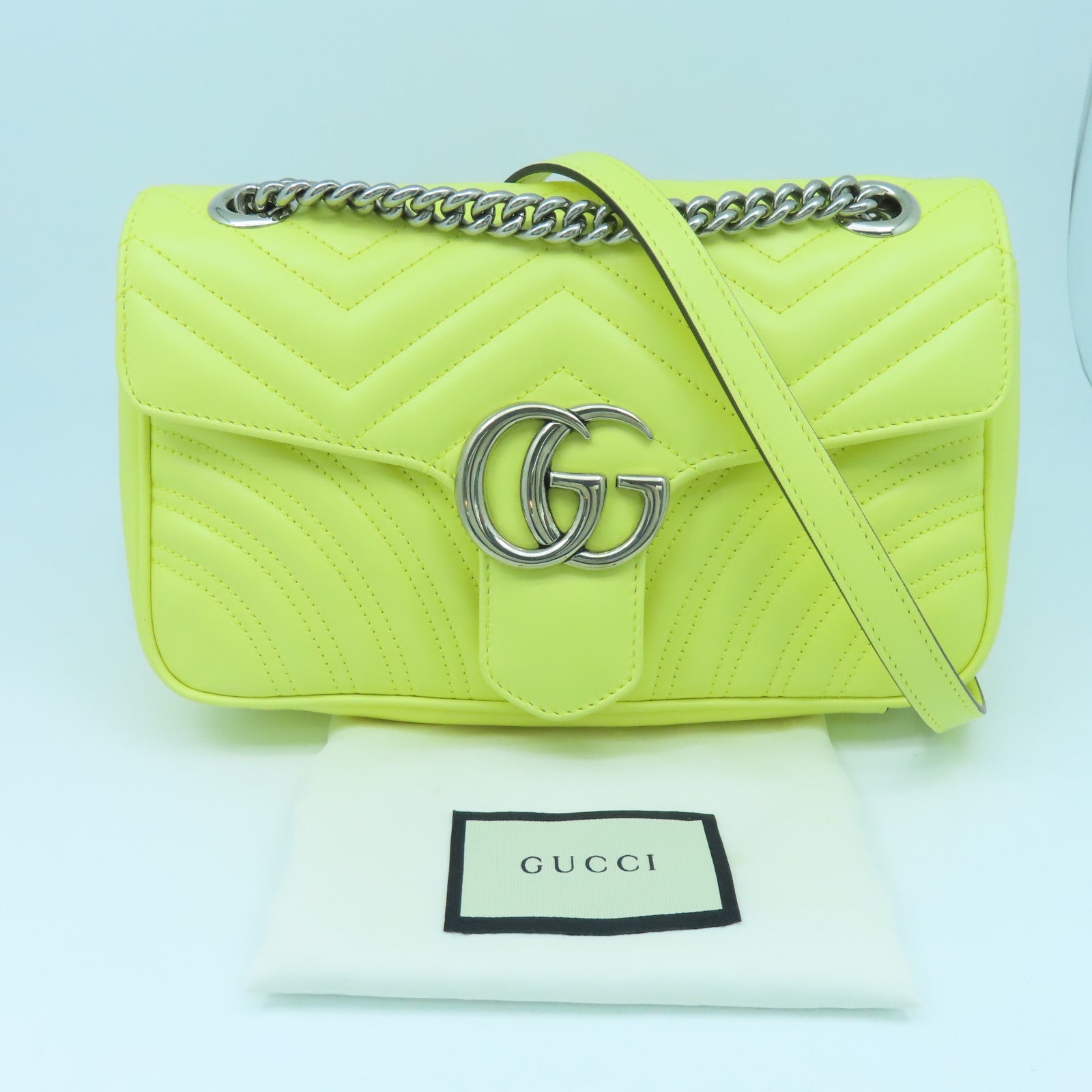 GUCCI 牛皮皮革GG Marmont銀扣鏈帶肩背袋黃色