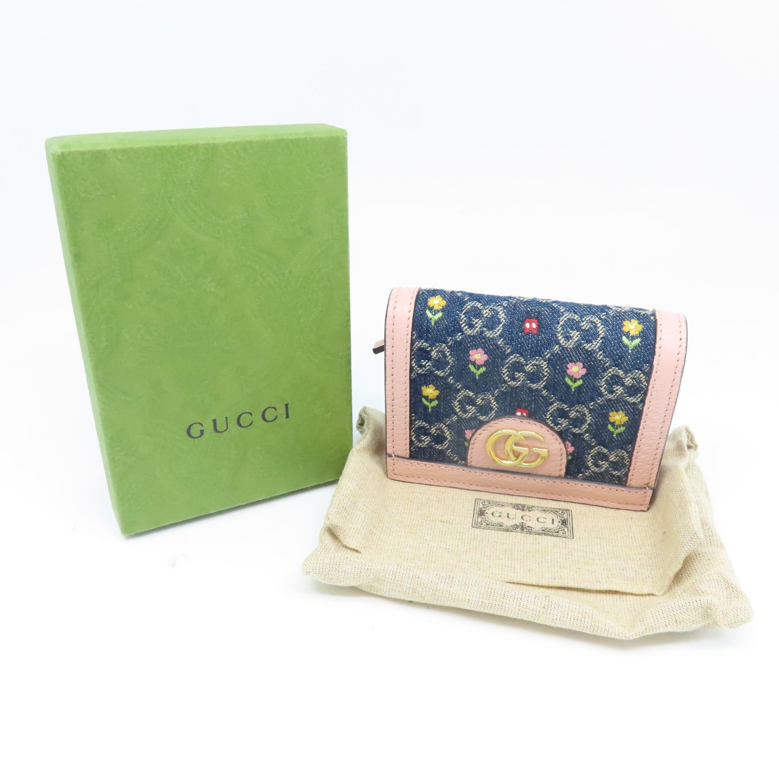 GUCCI 牛皮皮革/牛仔布W Snap Wallet金扣錢包粉紅色/藍色