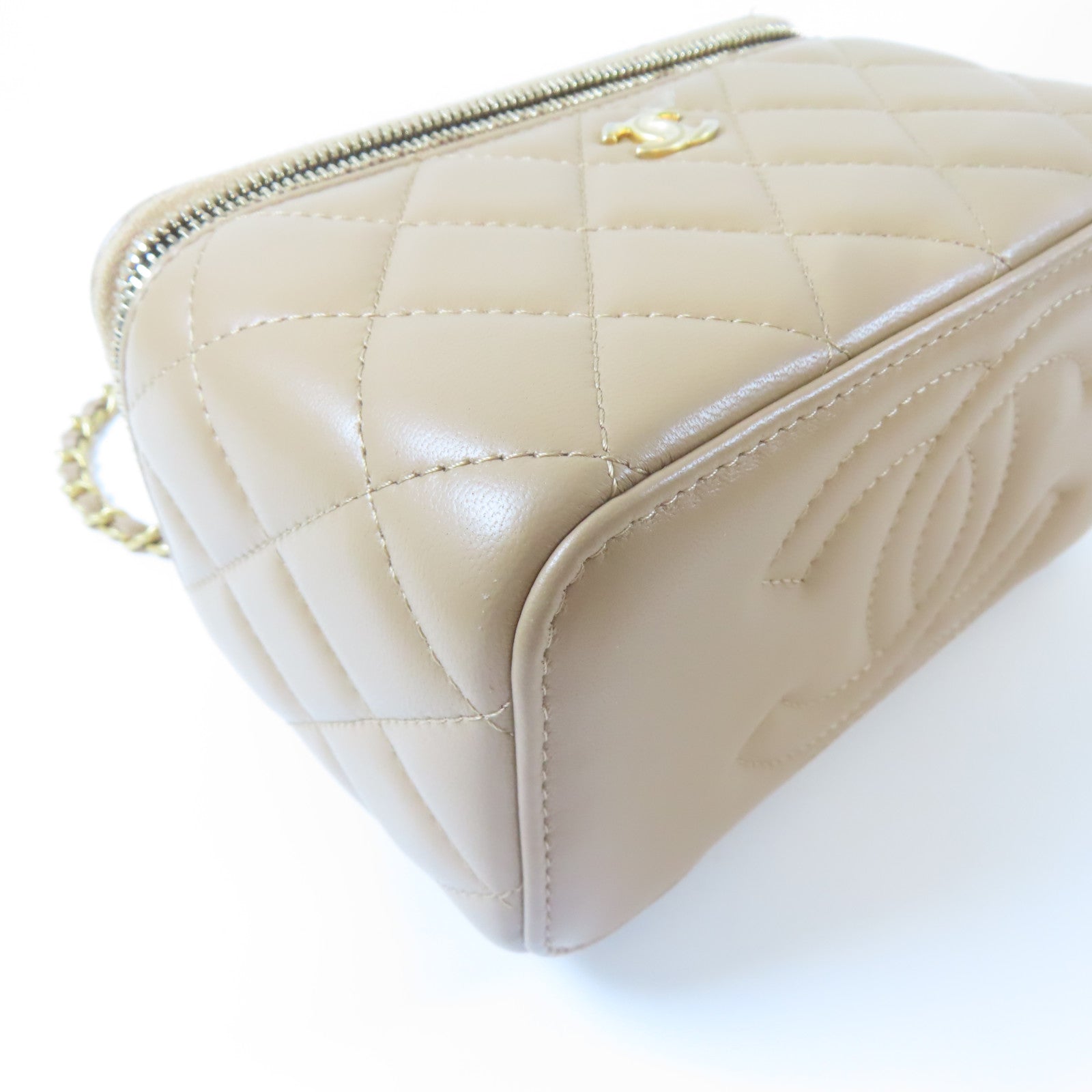 CHANEL 菱格羊皮皮革Gold Ball Small Vanity Case金扣鏈帶肩背袋褐色