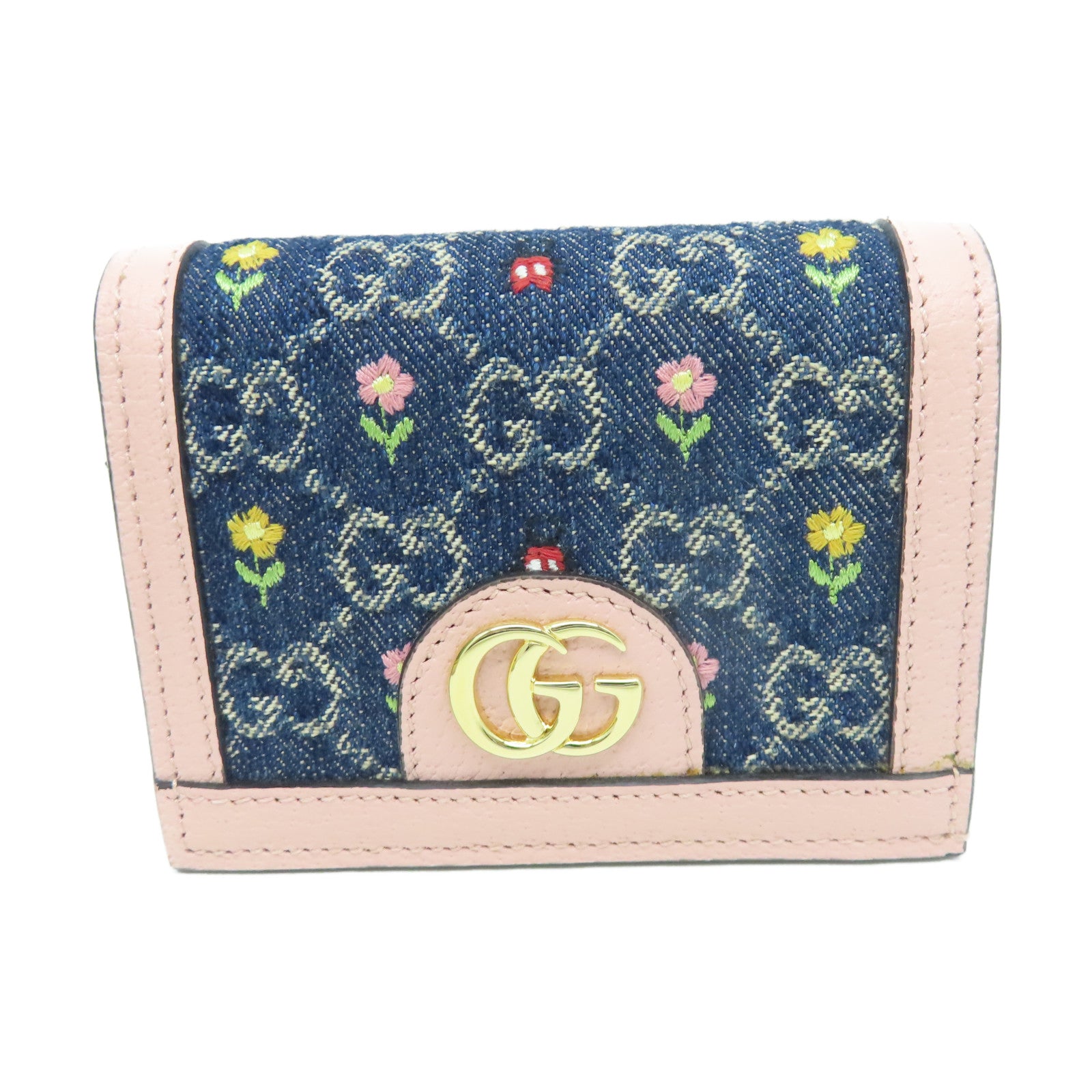 GUCCI 牛皮皮革/牛仔布W Snap Wallet金扣錢包粉紅色/藍色