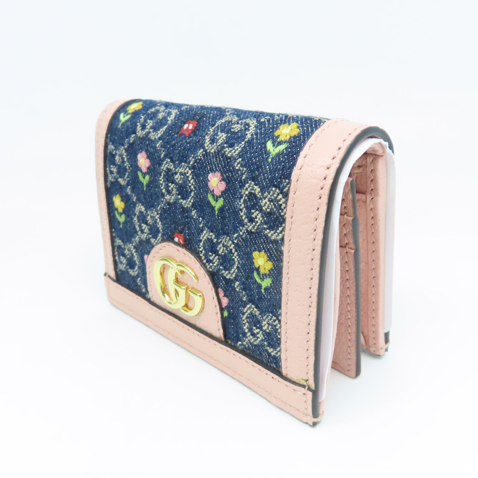 GUCCI 牛皮皮革/牛仔布W Snap Wallet金扣錢包粉紅色/藍色