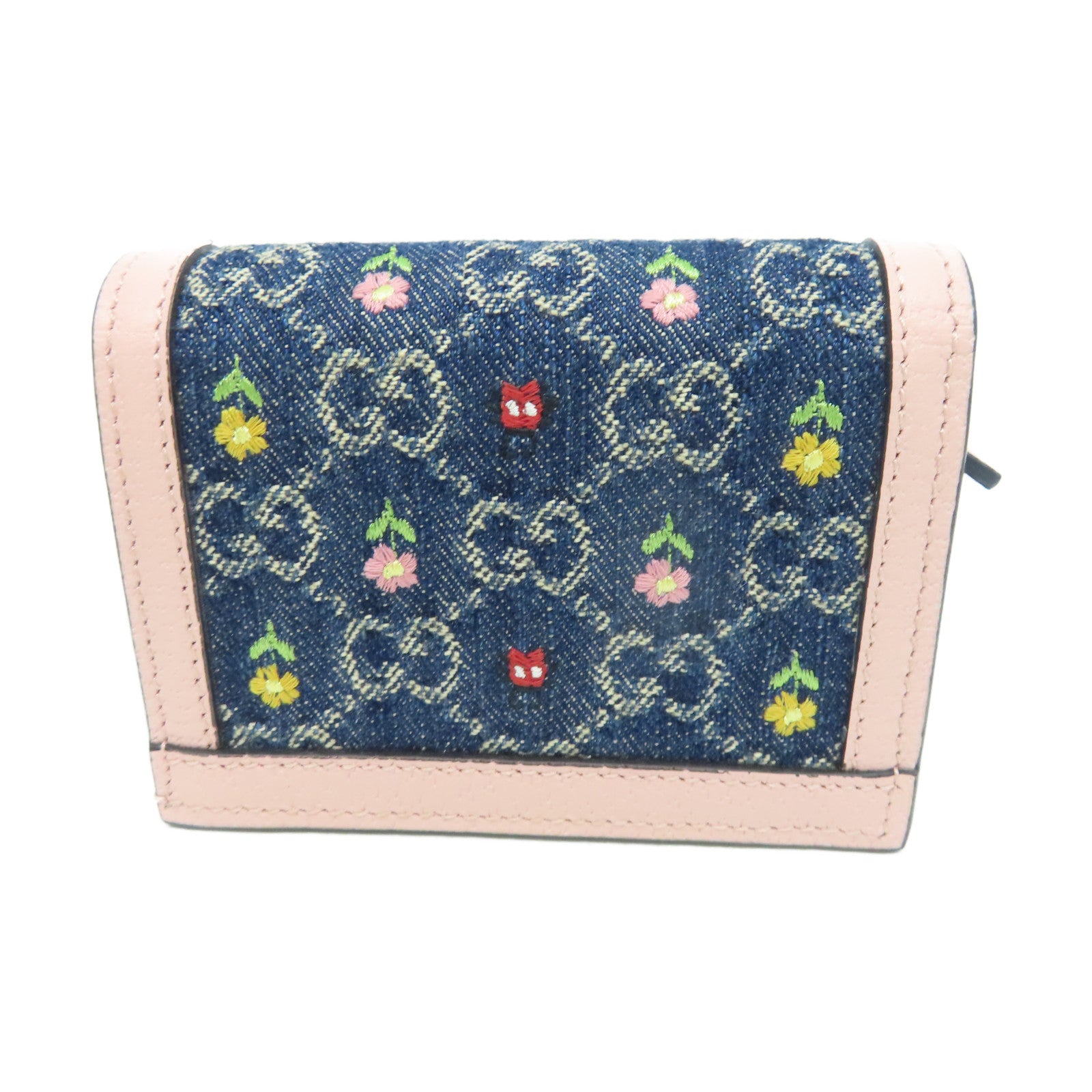 GUCCI 牛皮皮革/牛仔布W Snap Wallet金扣錢包粉紅色/藍色