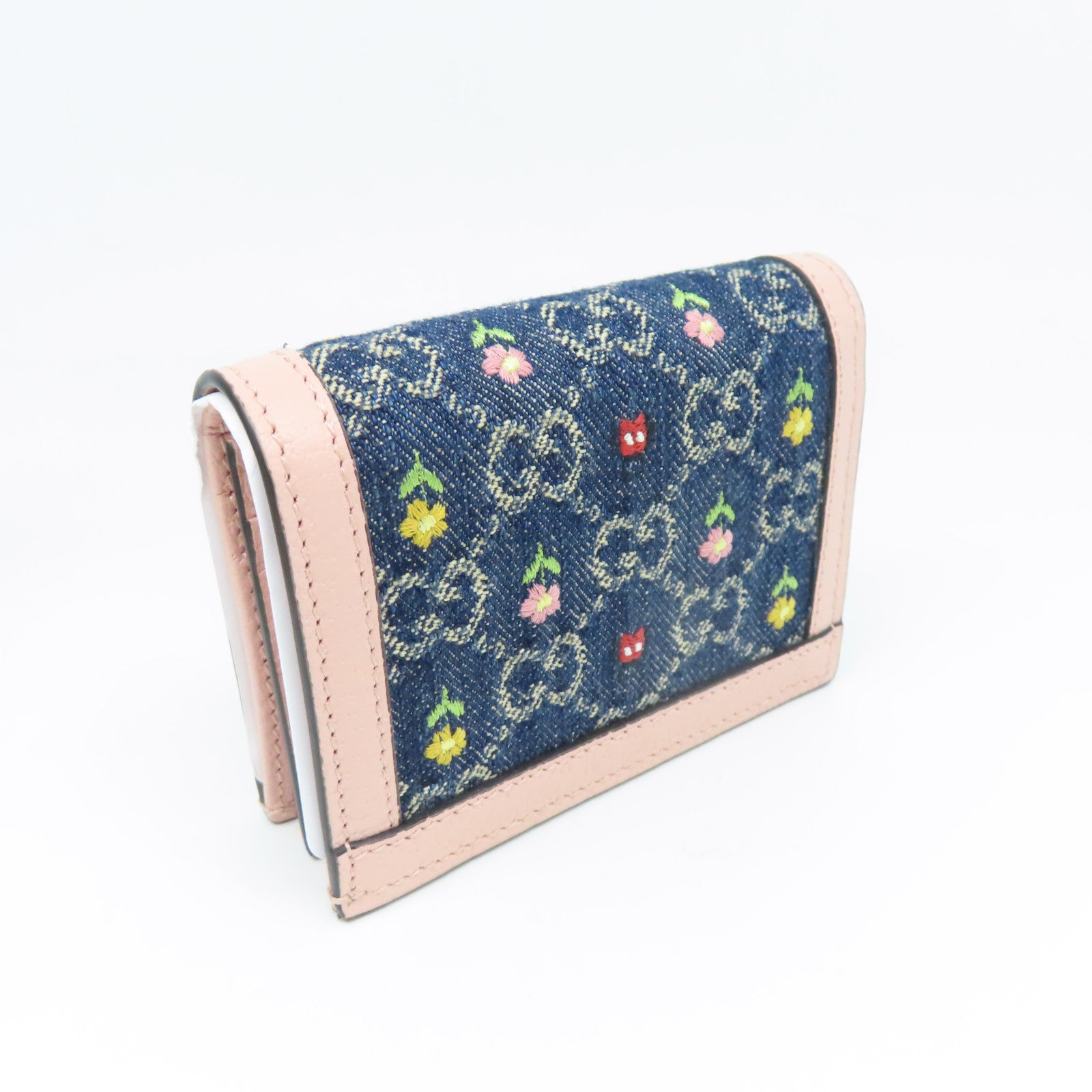 GUCCI 牛皮皮革/牛仔布W Snap Wallet金扣錢包粉紅色/藍色