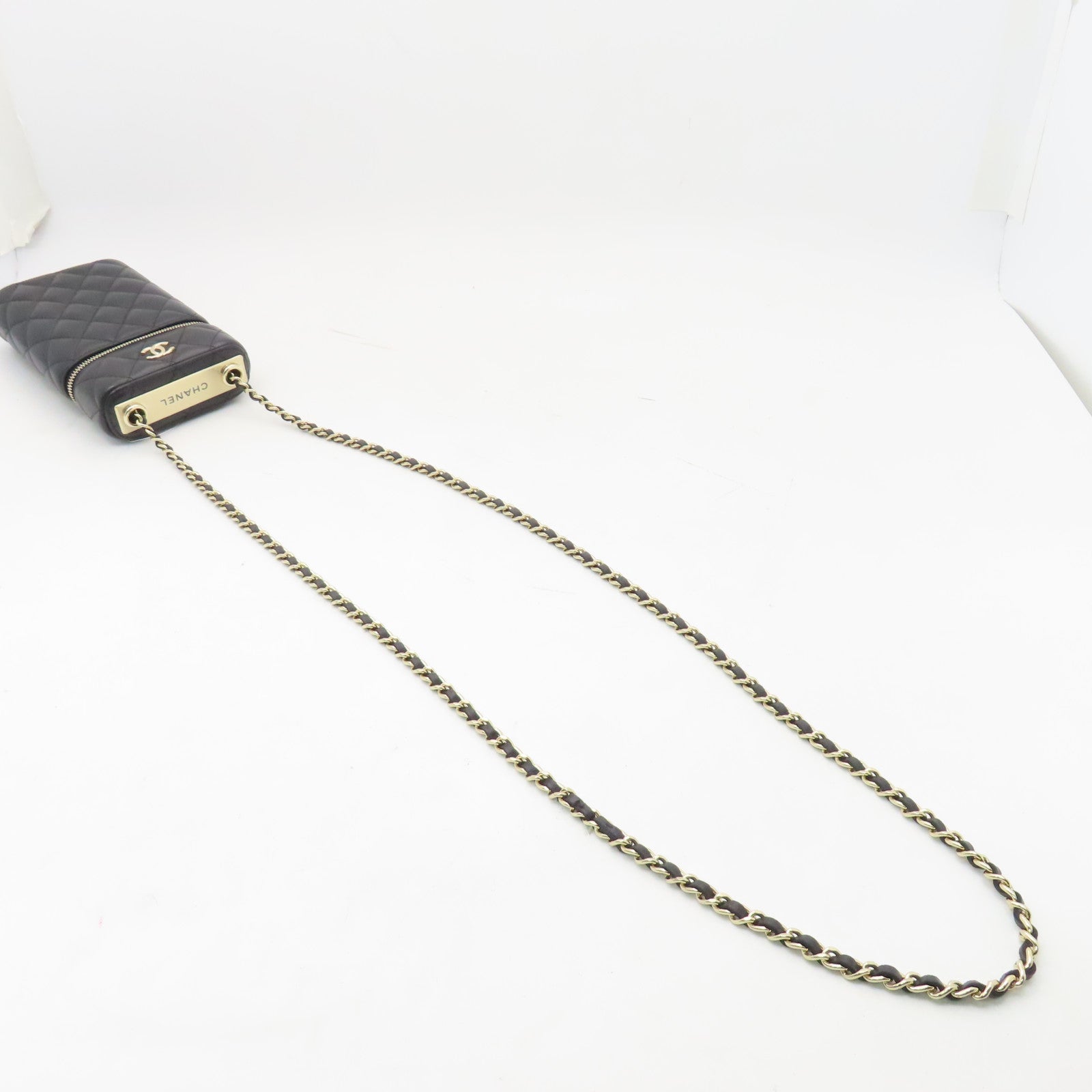 CHANEL 菱格羊皮皮革Chain Shoulder金扣鏈帶肩背袋黑色