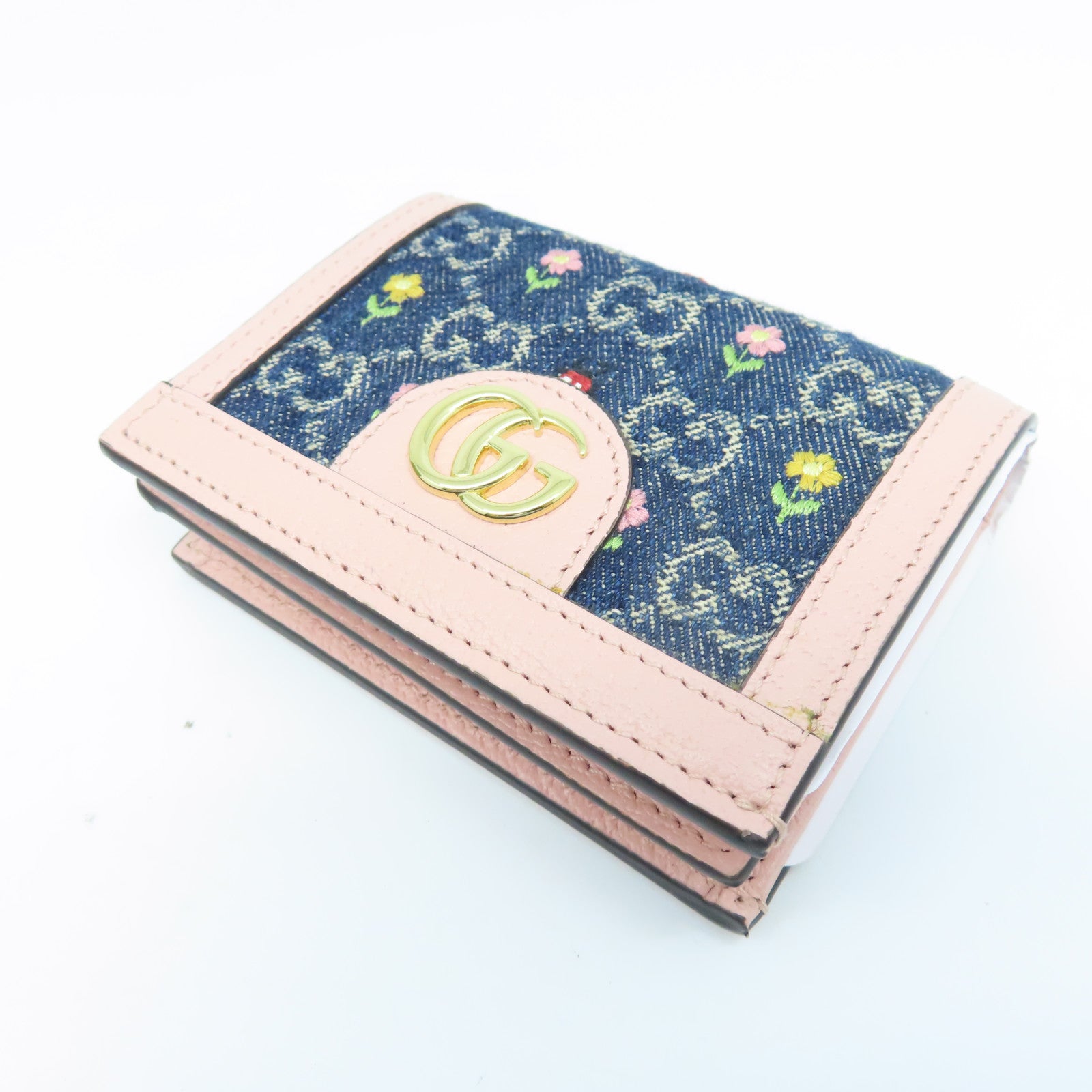 GUCCI 牛皮皮革/牛仔布W Snap Wallet金扣錢包粉紅色/藍色