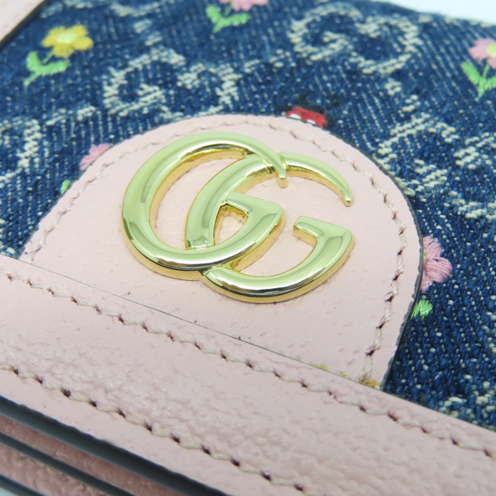 GUCCI 牛皮皮革/牛仔布W Snap Wallet金扣錢包粉紅色/藍色