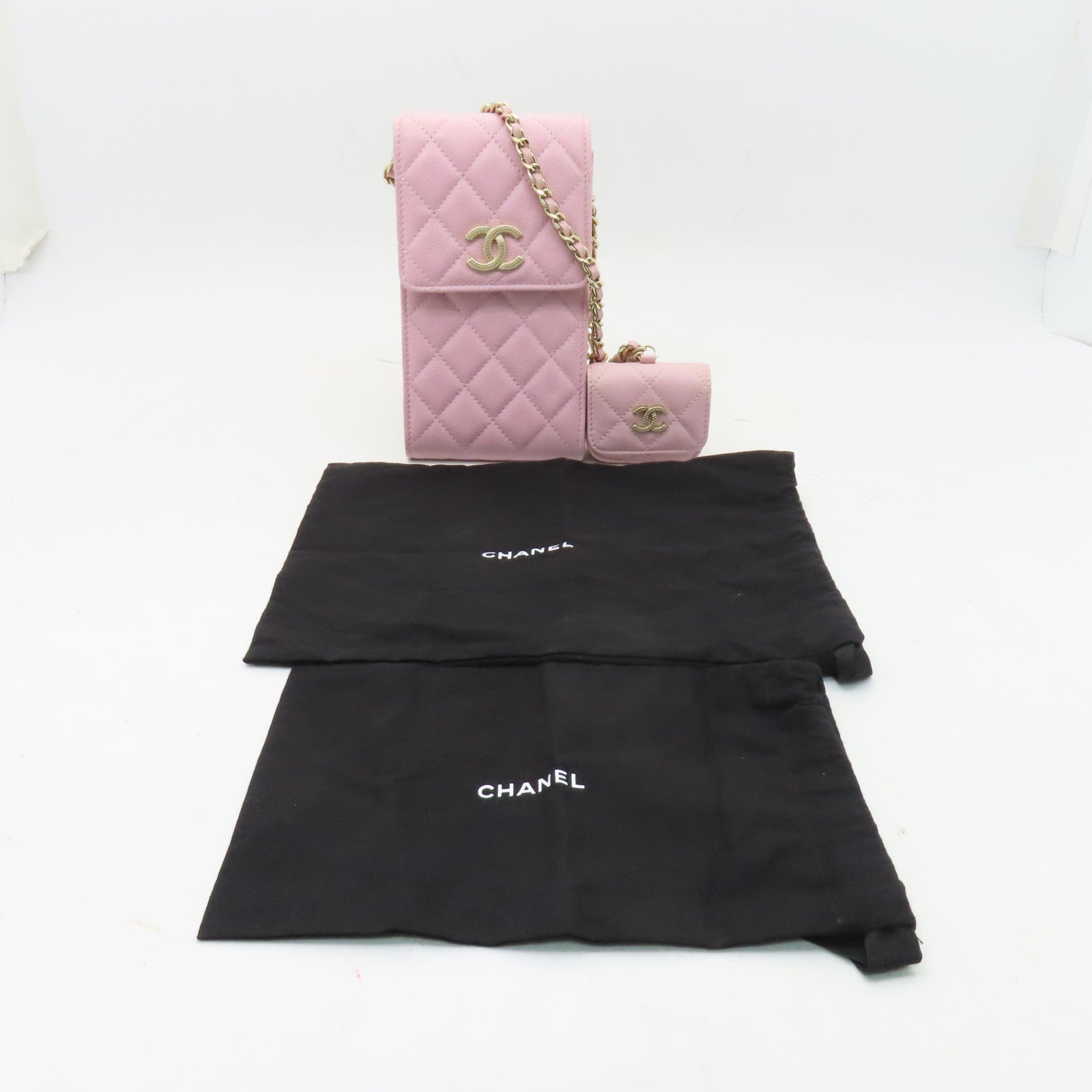 CHANEL 菱格牛皮皮革Chain Shoulder金扣鏈帶肩背袋粉紅色