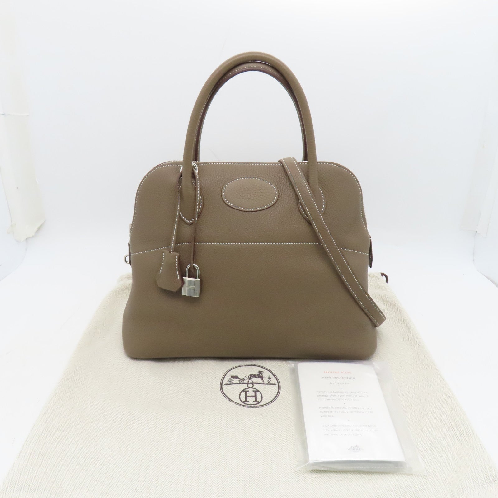 HERMES Clemence Leather Bolide 31 Silver Button Handle Bag Brown