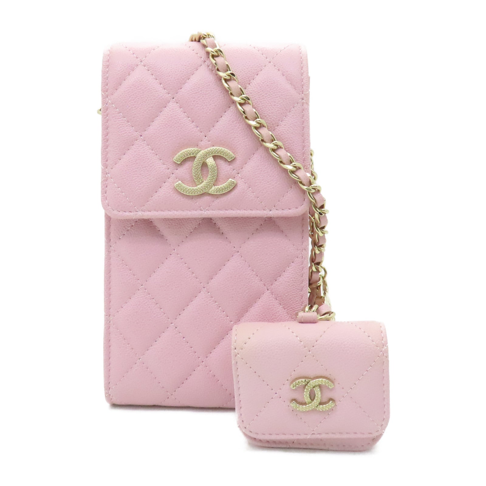 CHANEL 菱格牛皮皮革Chain Shoulder金扣鏈帶肩背袋粉紅色