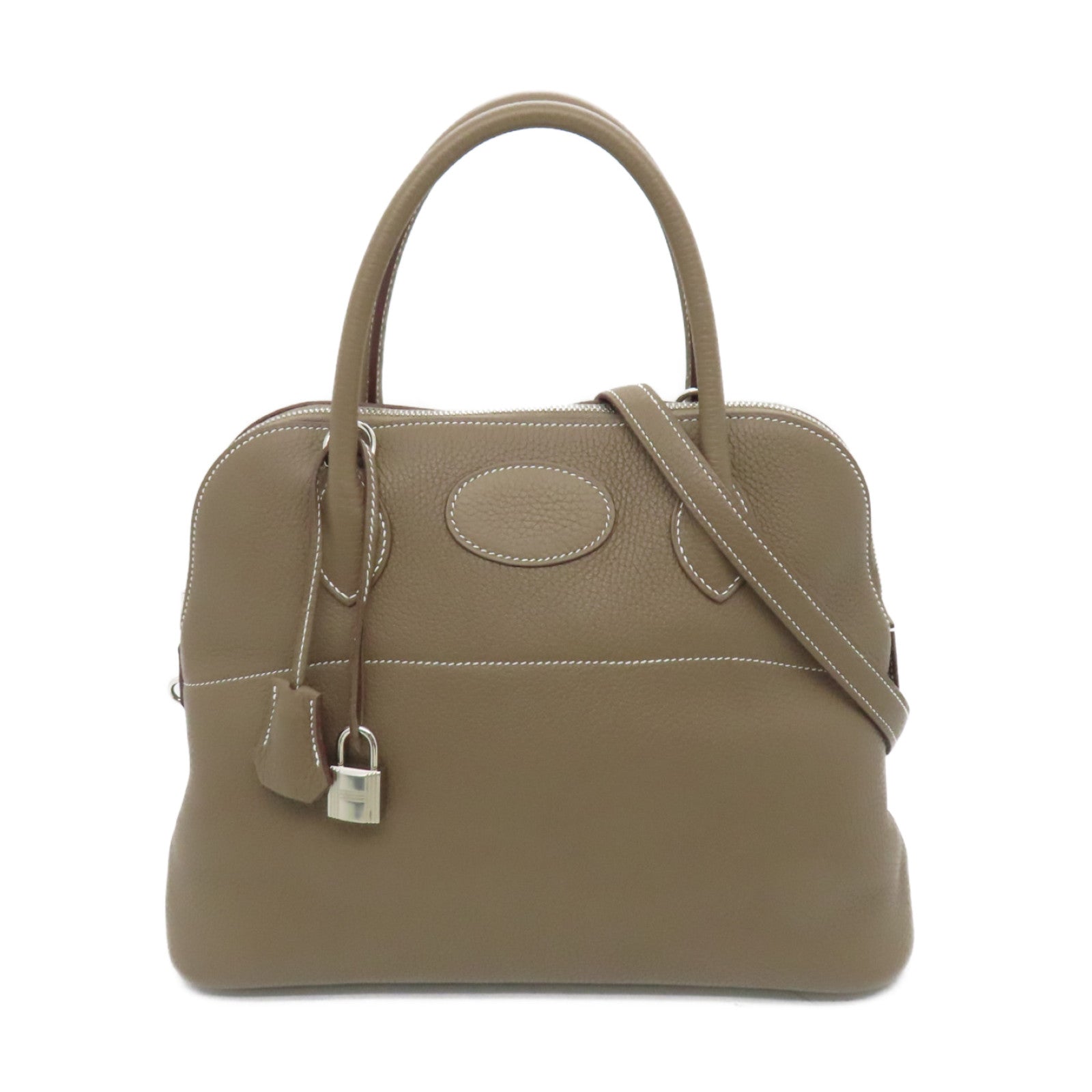 HERMES Clemence Leather Bolide 31 Silver Button Handle Bag Brown