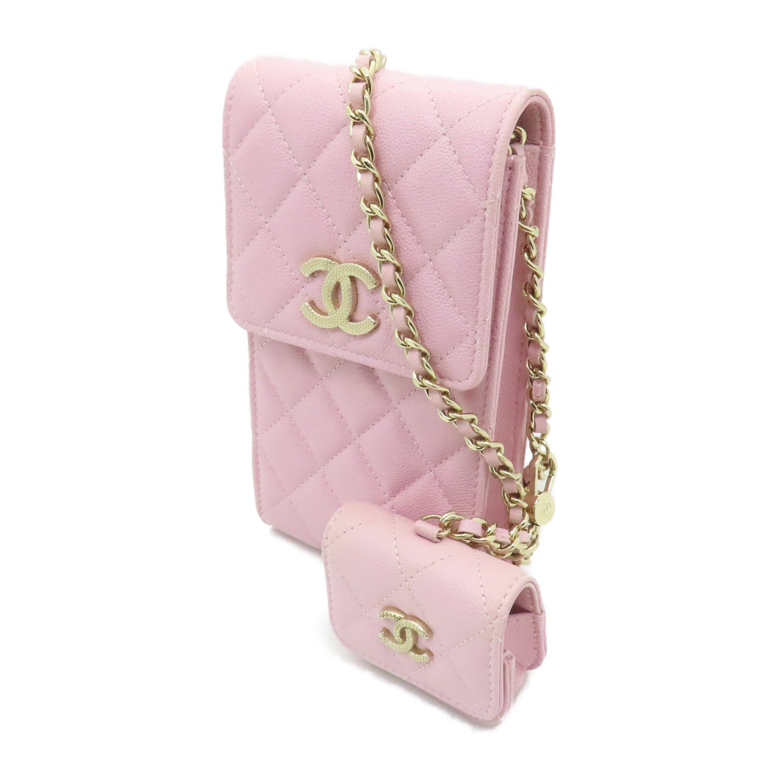 CHANEL 菱格牛皮皮革Chain Shoulder金扣鏈帶肩背袋粉紅色