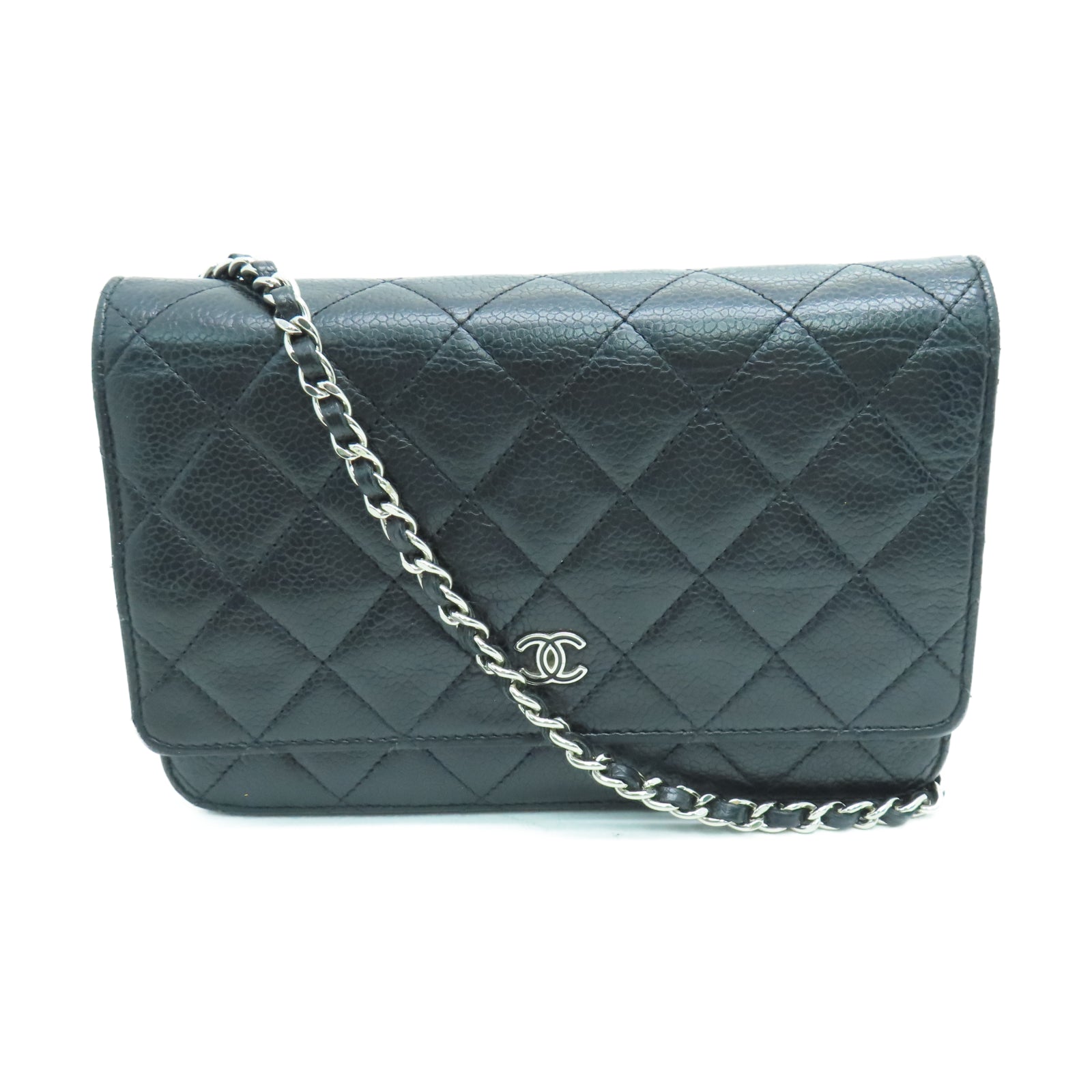 CHANEL 菱格Caviar皮革Chain Shoulder银扣链带肩背袋黑色