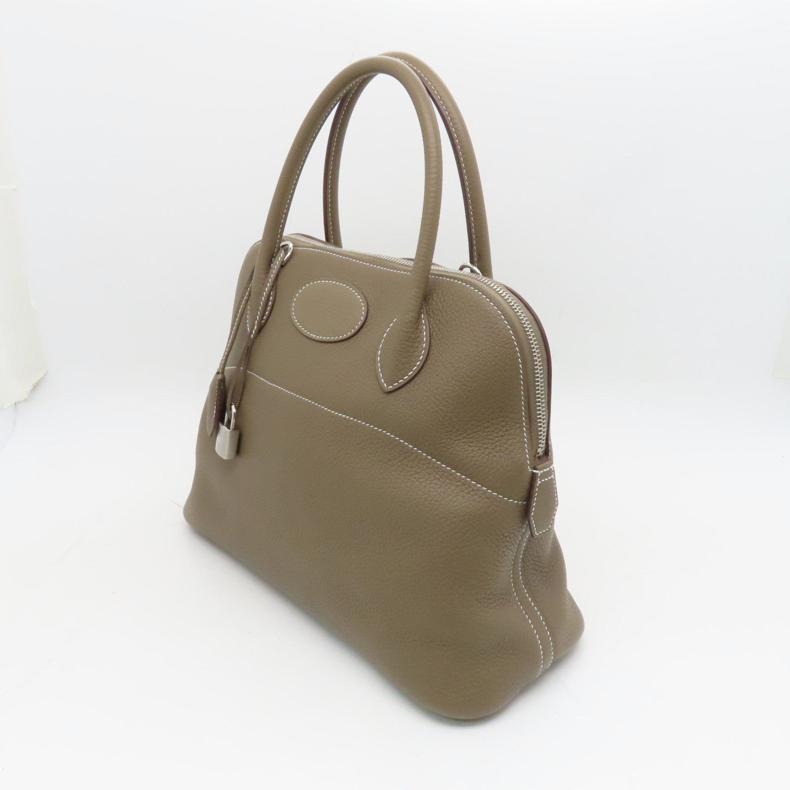 HERMES Clemence Leather Bolide 31 Silver Button Handle Bag Brown
