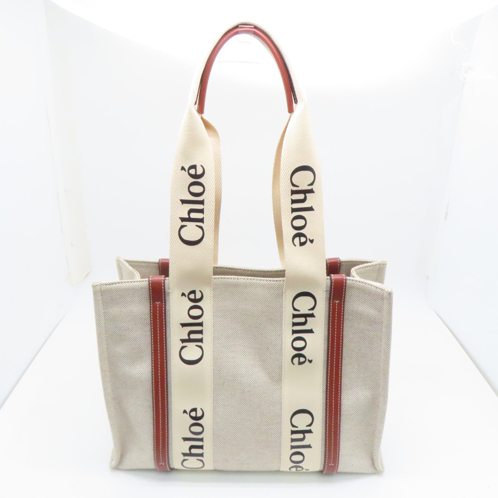 Chloe Canvas Woody Tote Bag Brown/White