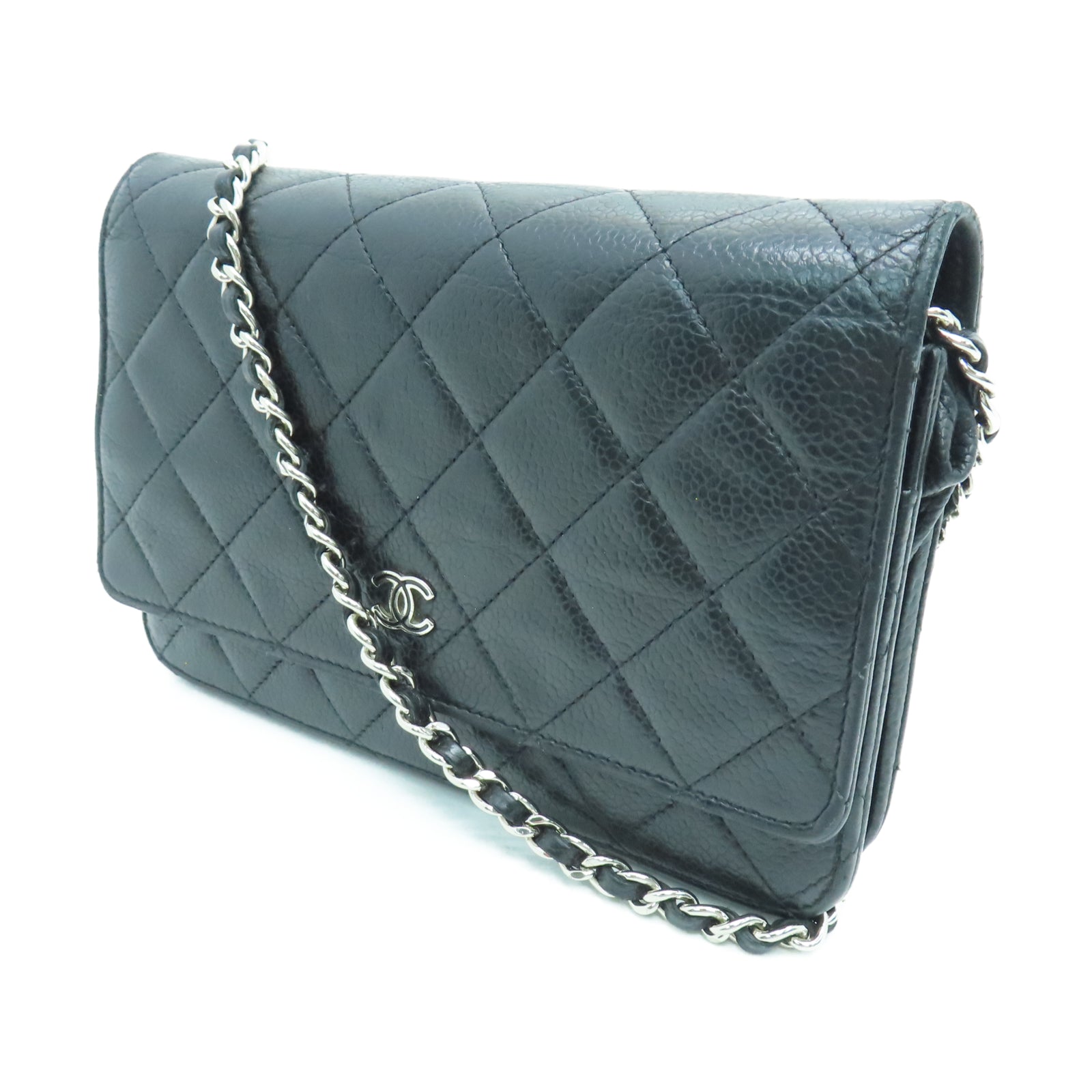 CHANEL 菱格Caviar皮革Chain Shoulder银扣链带肩背袋黑色